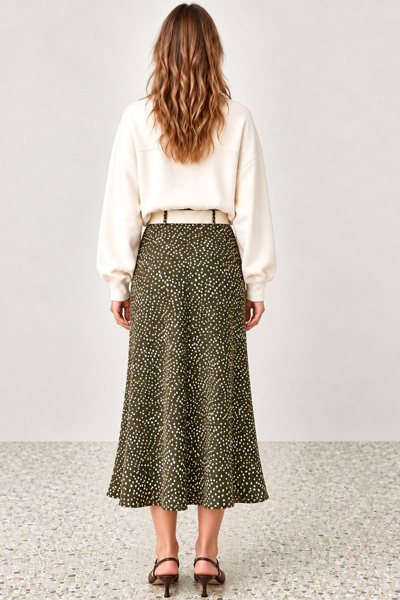 Polka Dot Belted Satin Midi Skirt 3