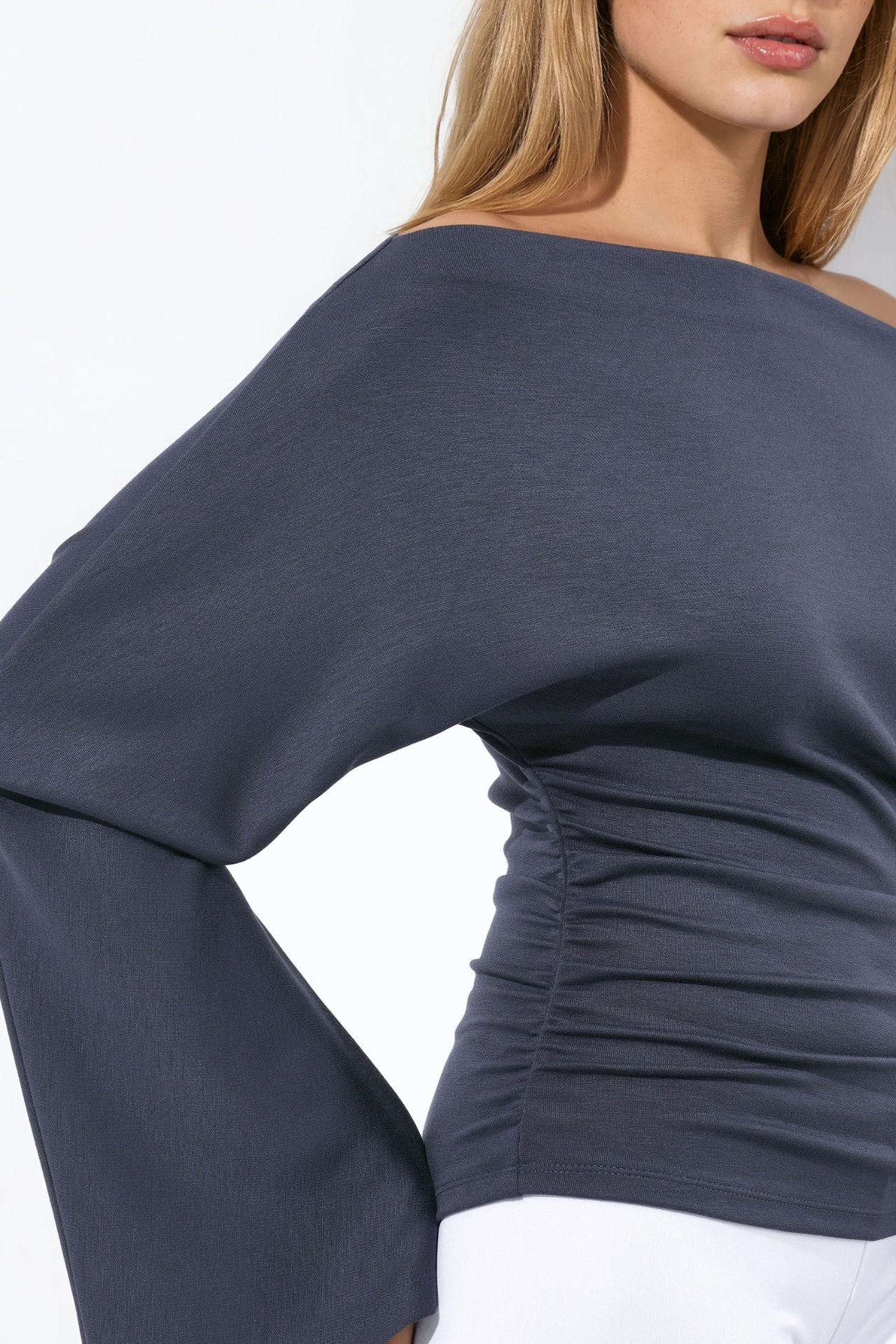 Boat Neck Batwing Sleeve Viscose Rib Knit Blouse 3