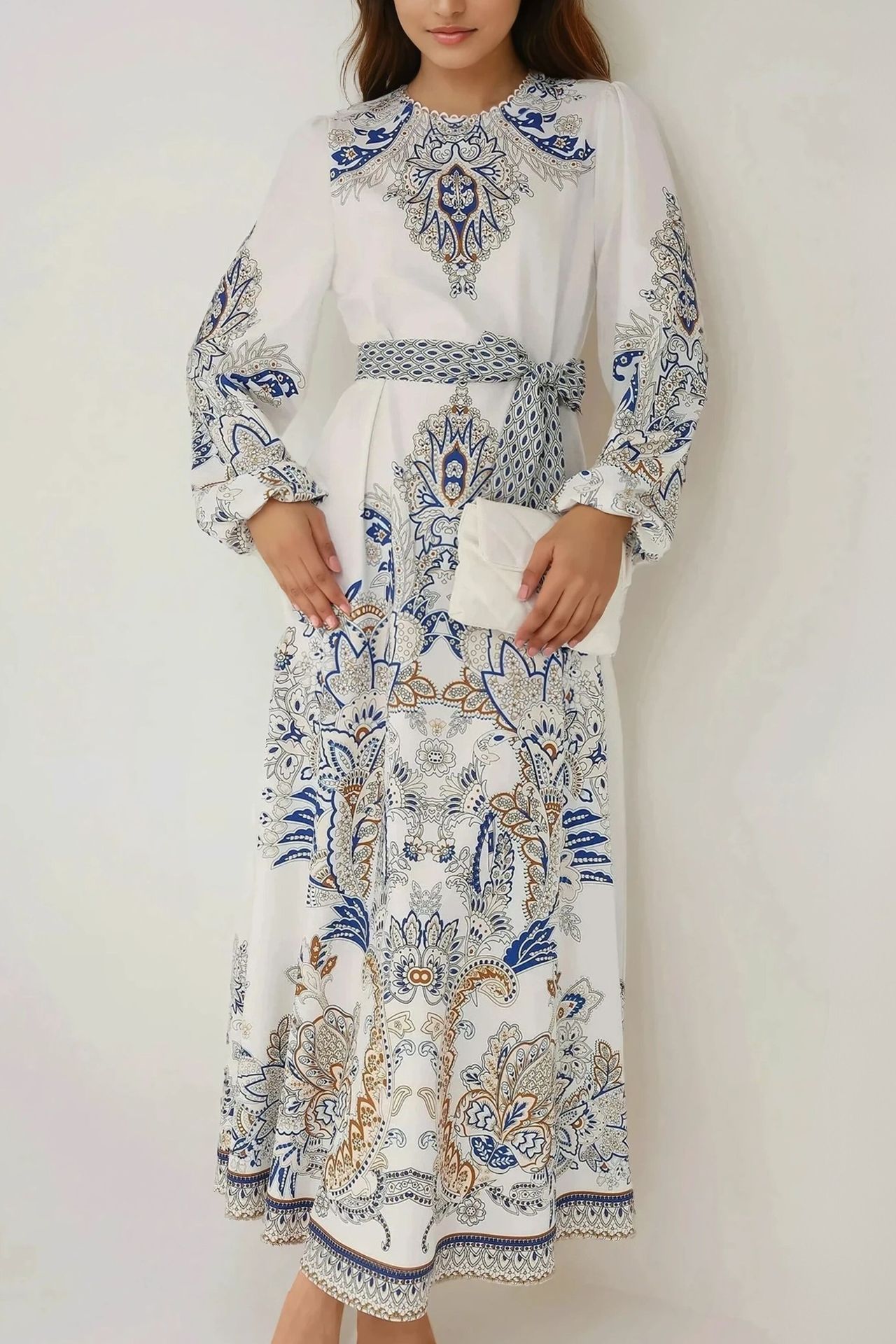 Printed Long Sleeve Viscose Maxi Dress 