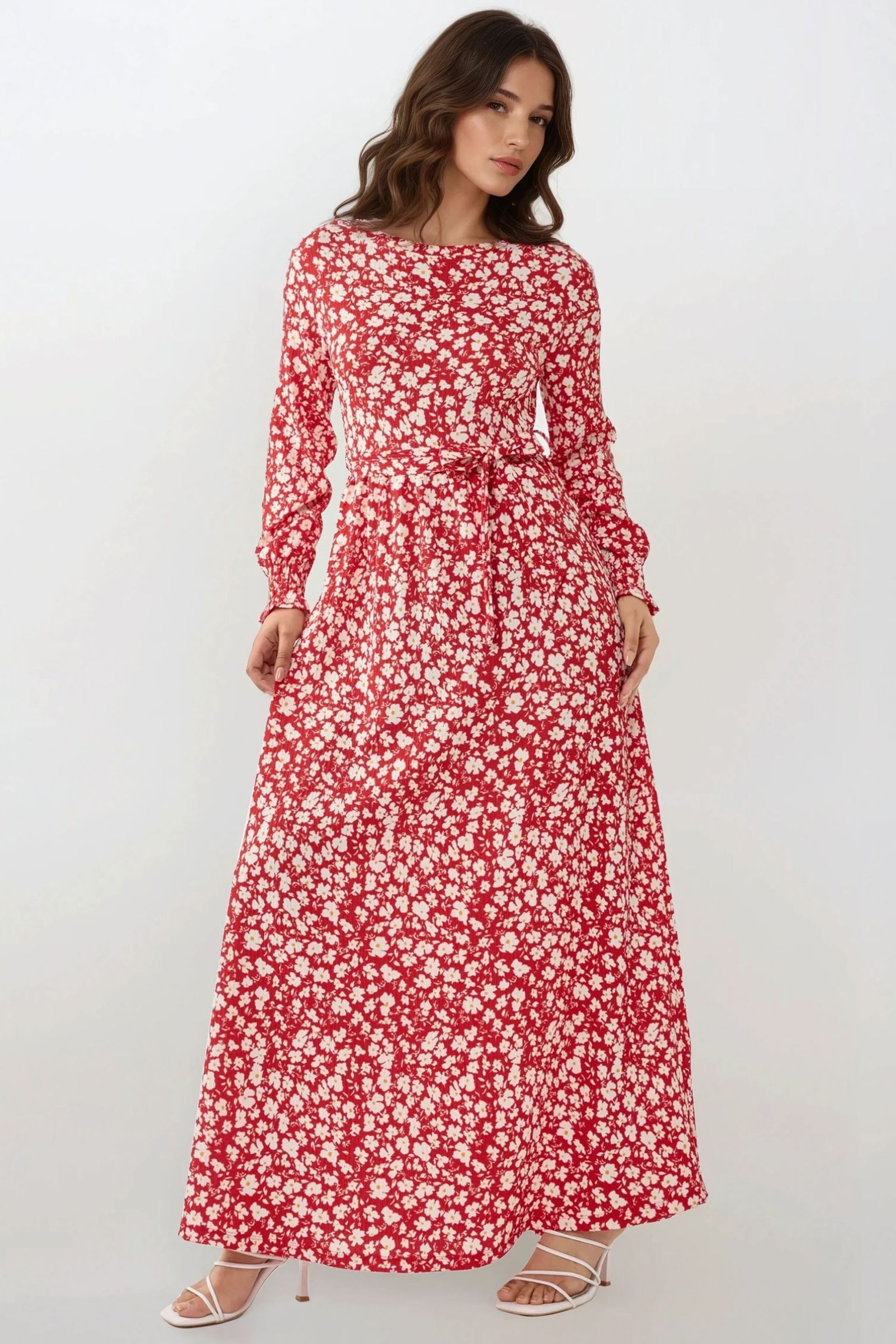 Red Flowering Crew Neck Maxi Dress With Belt Women