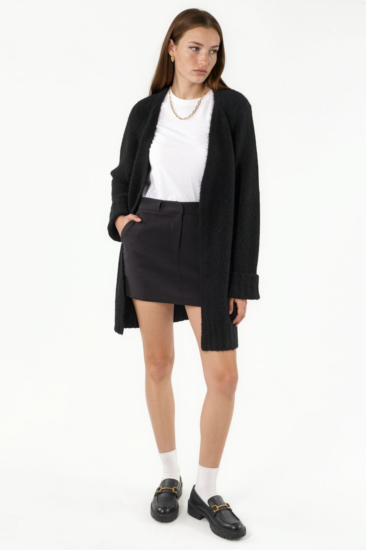 Long Ribbed Knit Cardigan with Open Collar 5