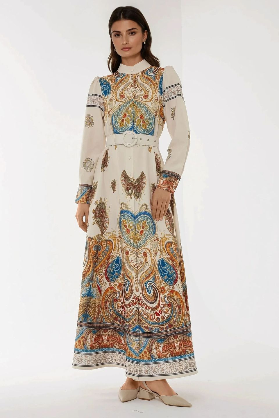 Printed A-Form Maxi Dress with Belt
