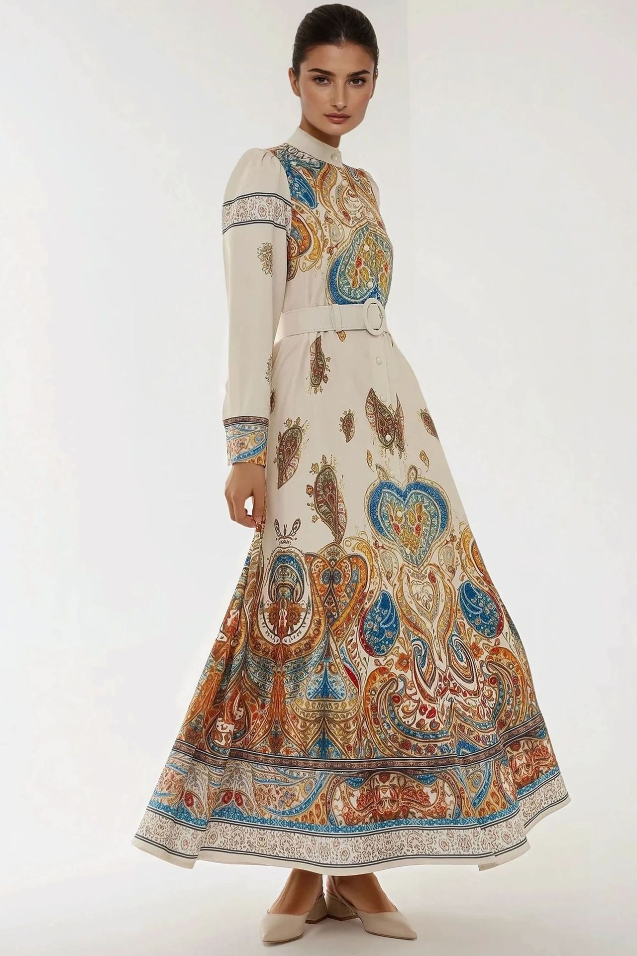 Printed A-Form Maxi Dress with Belt
