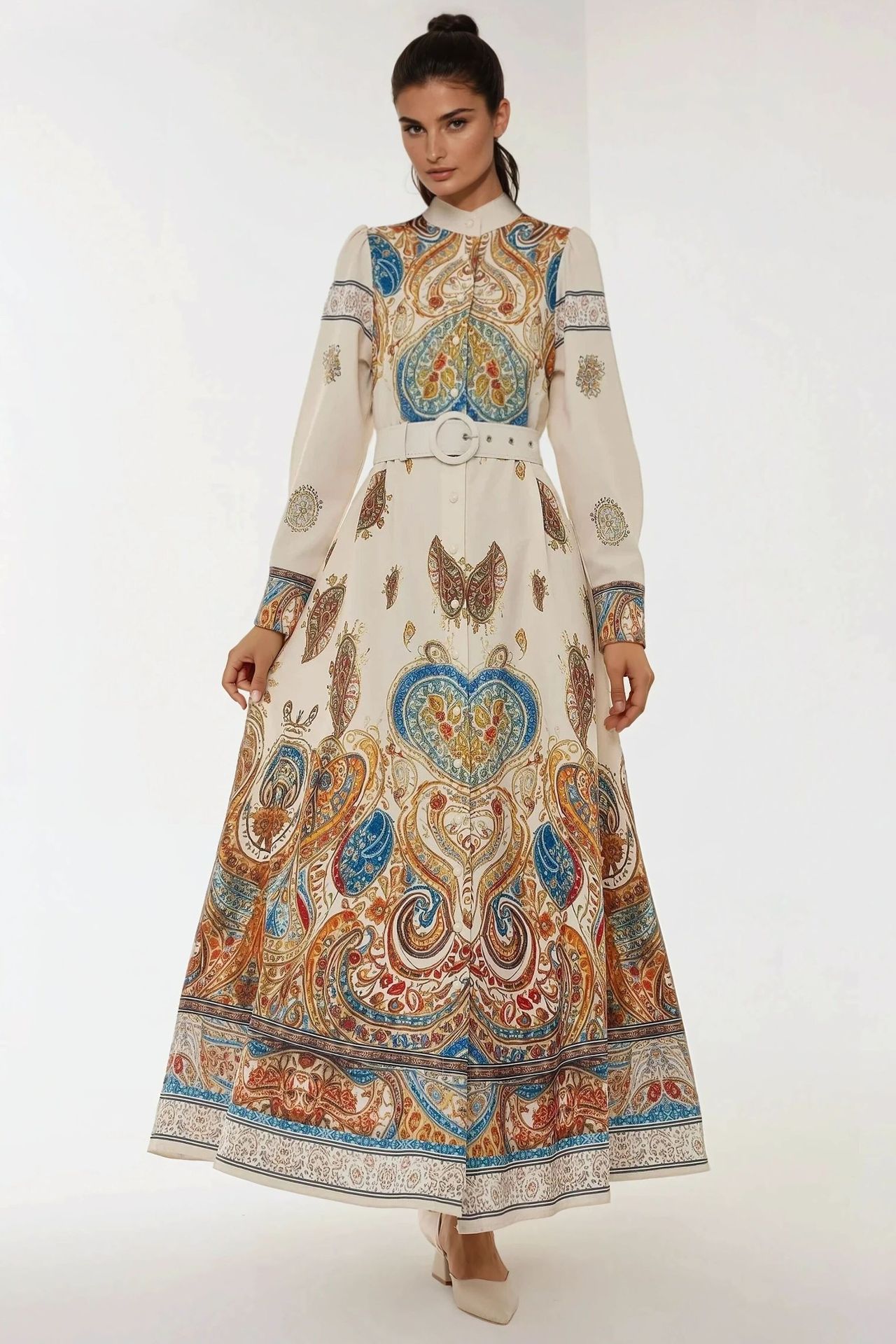 Printed A-Form Maxi Dress with Belt