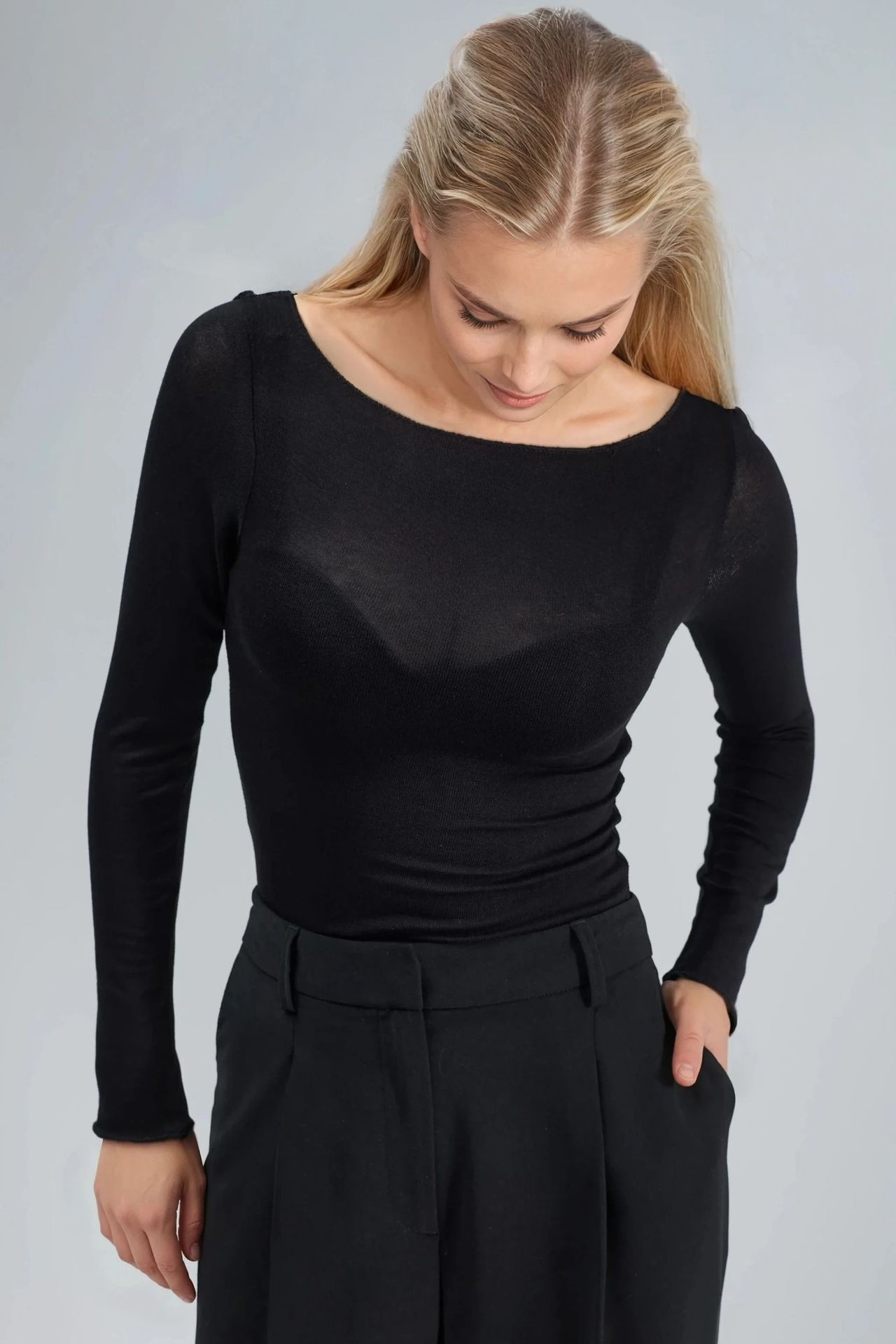 Boat Neck Cashmere Blend Ultra Lightweight Blouse 6