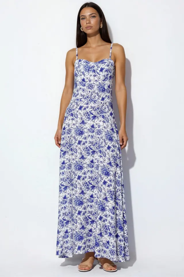 Floral Viscose Maxi Dress With Heart Neckline