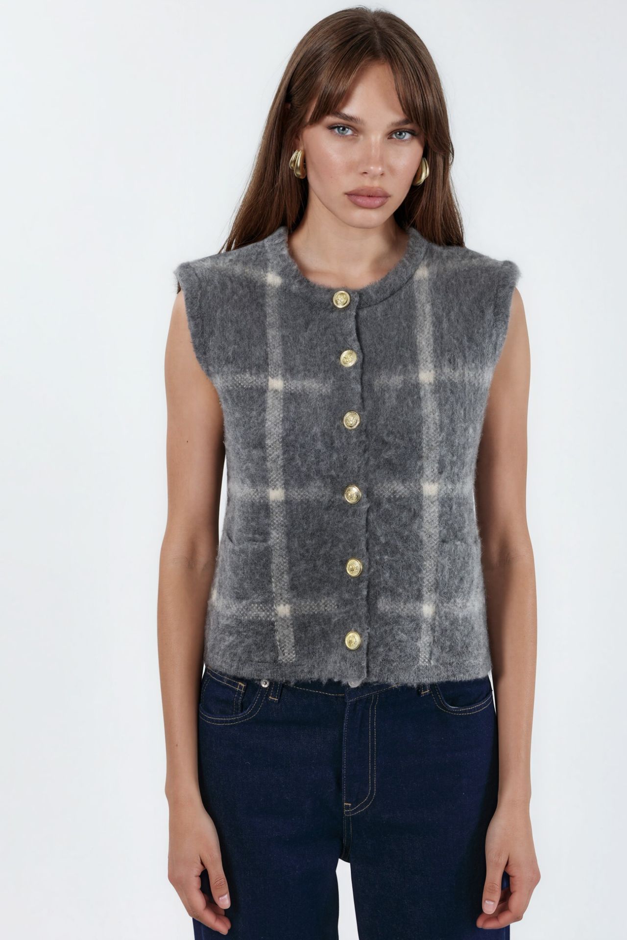 Plaid Crew Neck Sweater Vest with Buttons 4