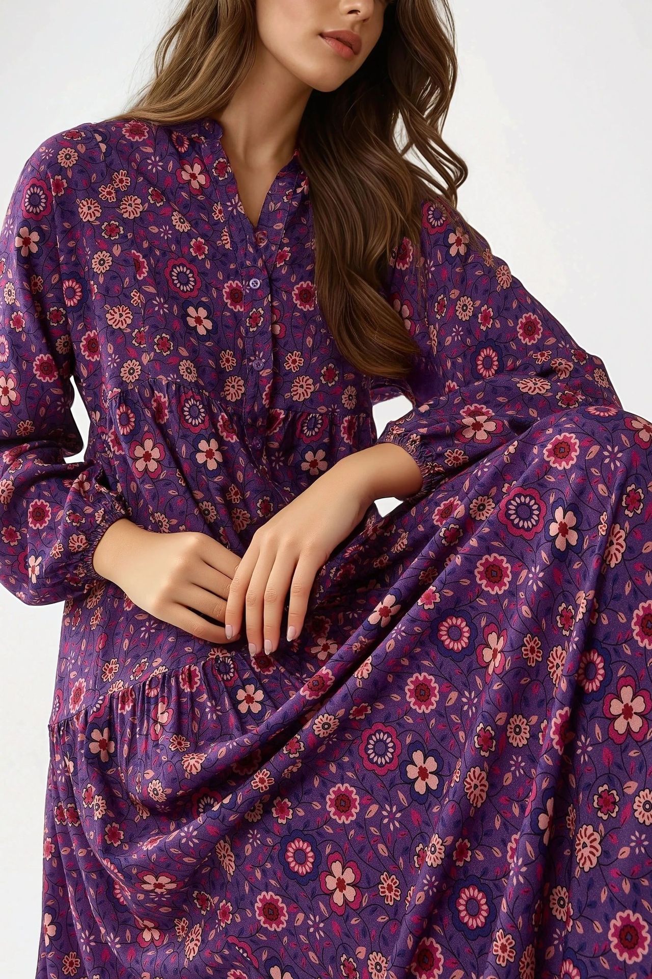 Printed V-Neck Maxi Dress with Buttons
