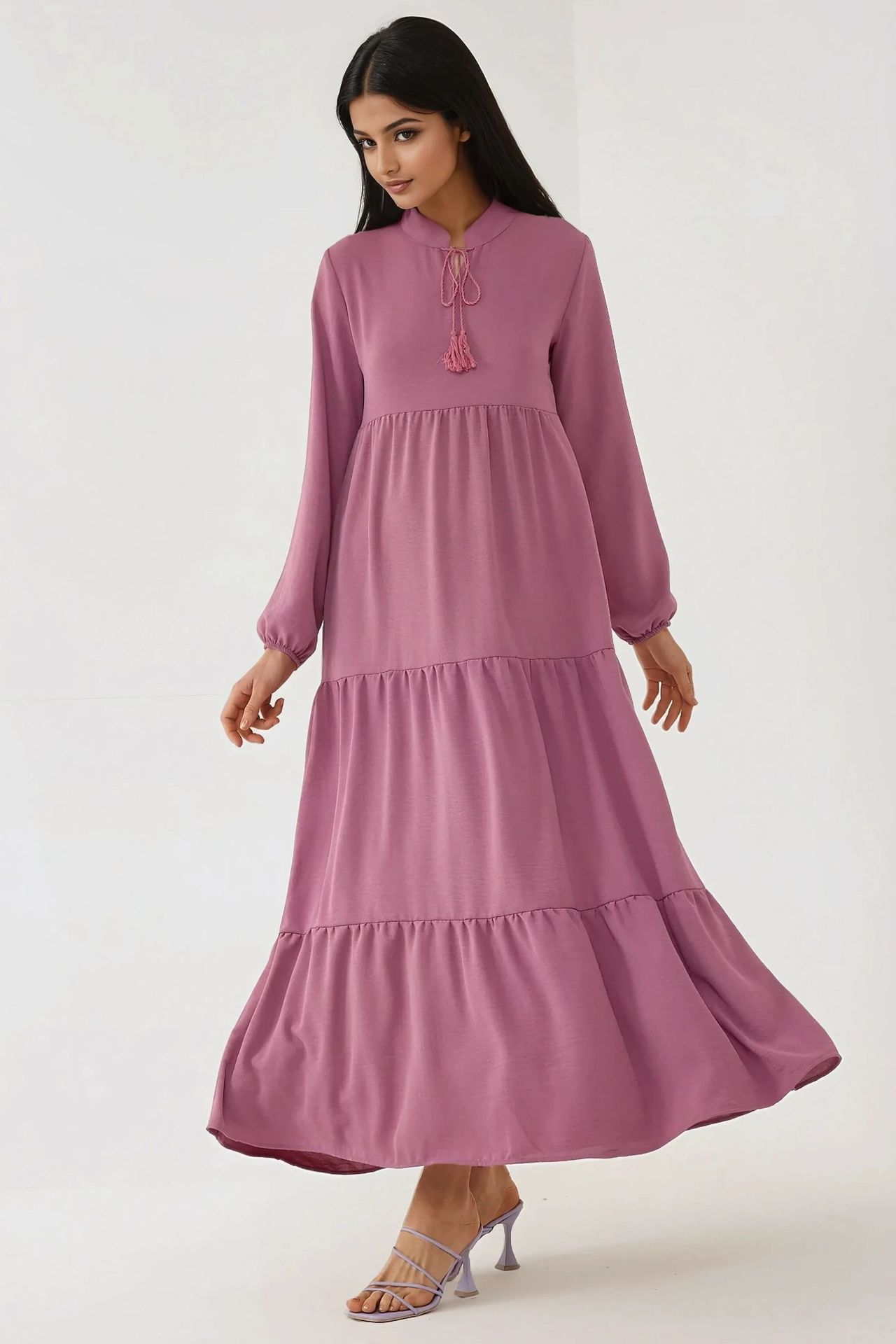 Textured Long Sleeve Crew Neck Maxi Dress