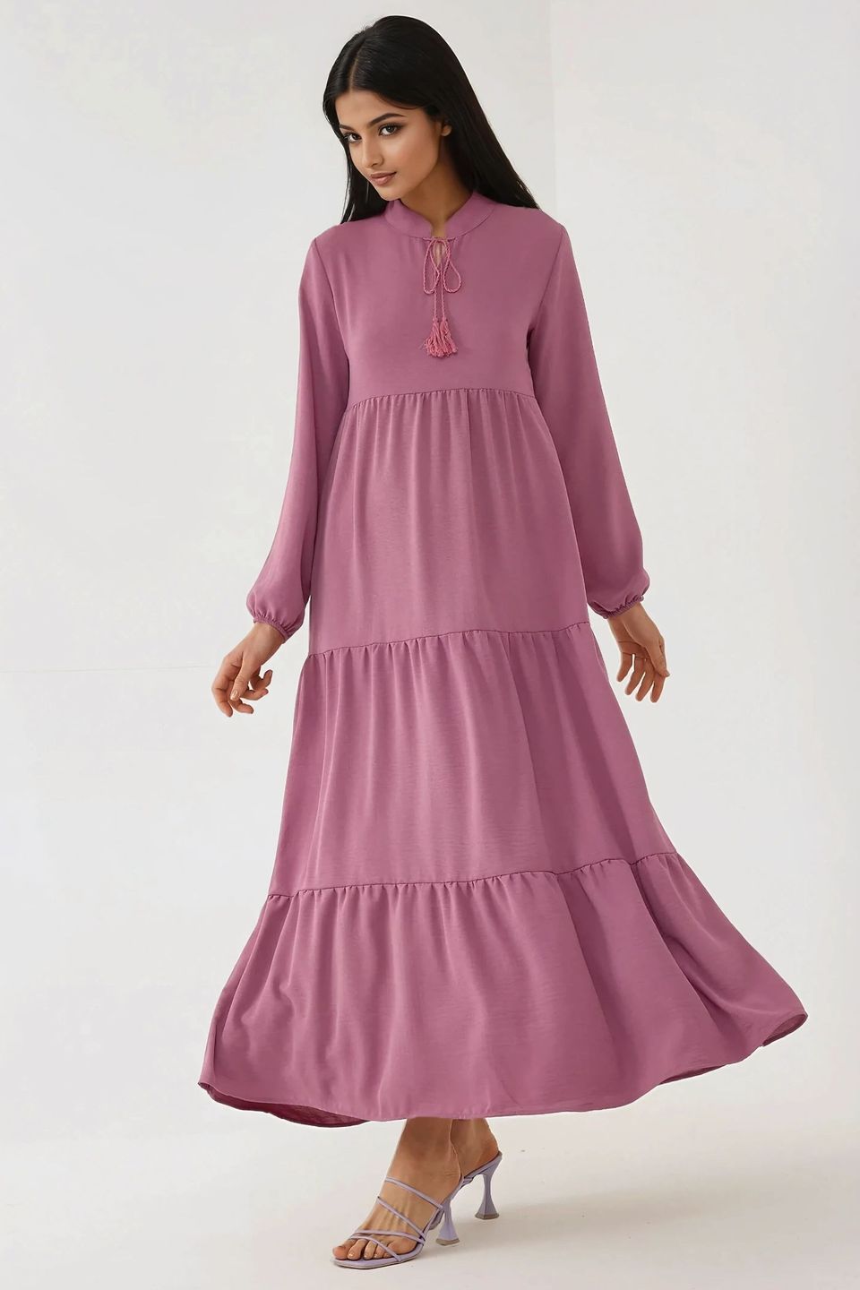 Textured Long Sleeve Crew Neck Maxi Dress