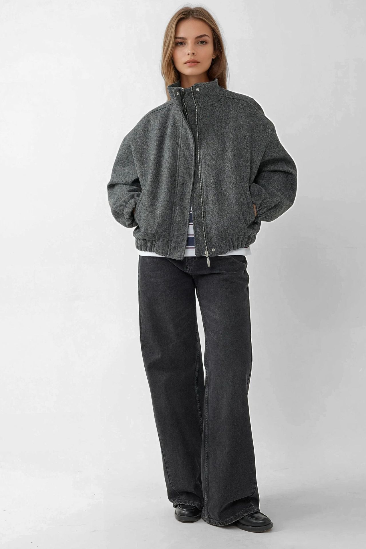 Oversized Turtleneck Textured Jacket 6