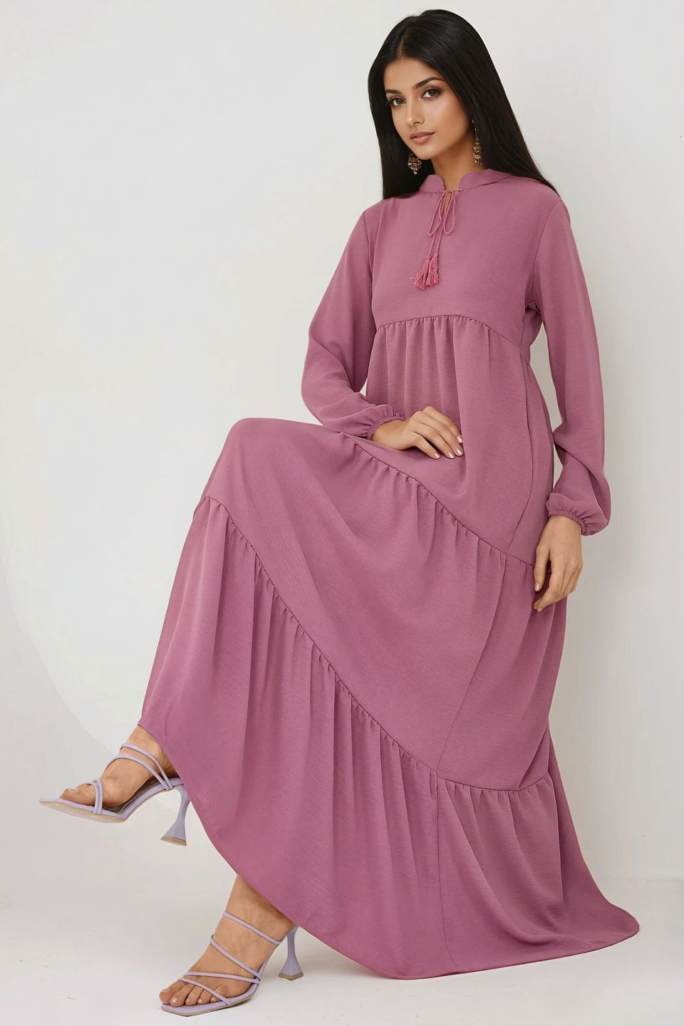Textured Long Sleeve Crew Neck Maxi Dress