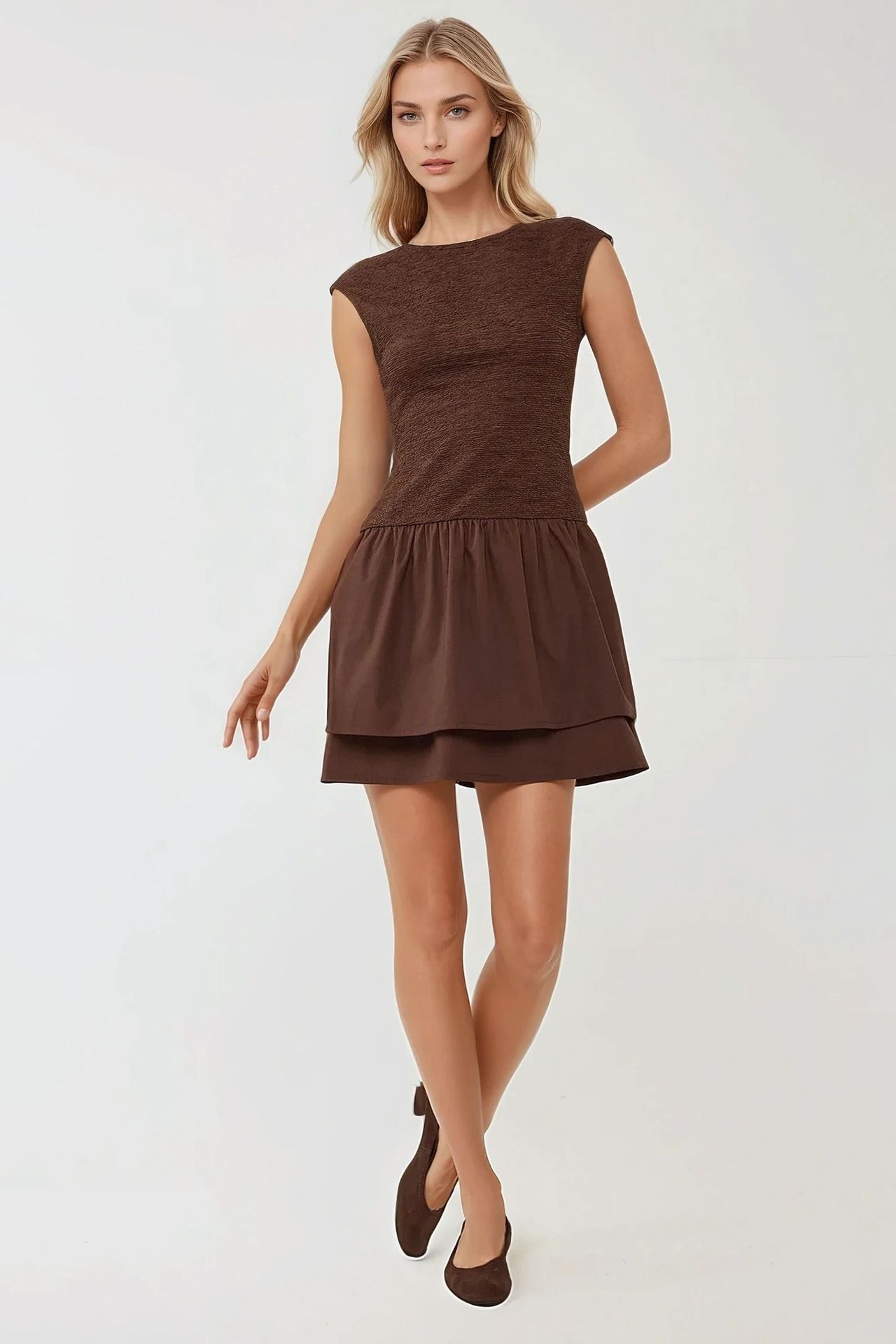 Textured Mini Dress with Crew Neck