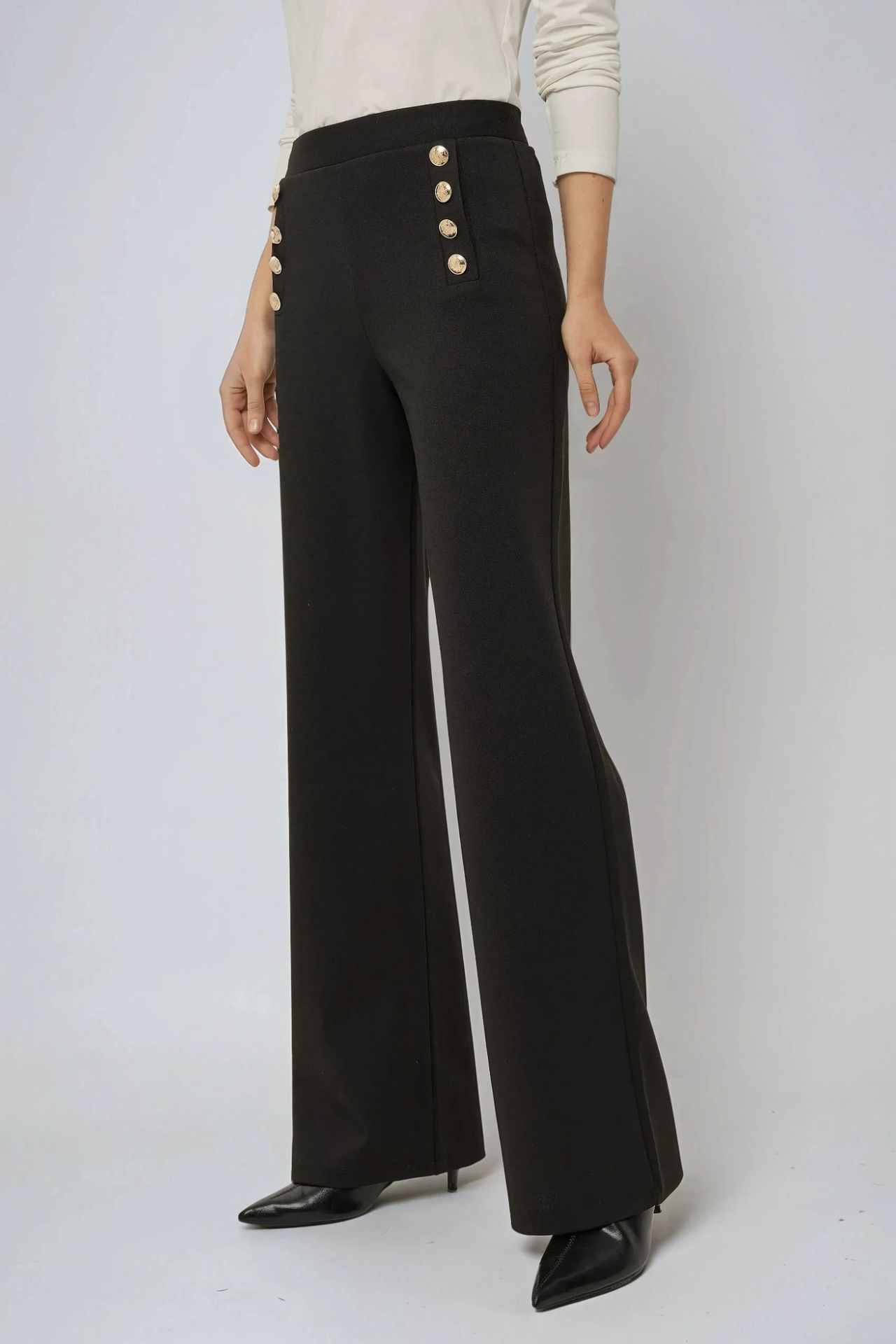 High Waist Wide Leg Pants with Button Detail