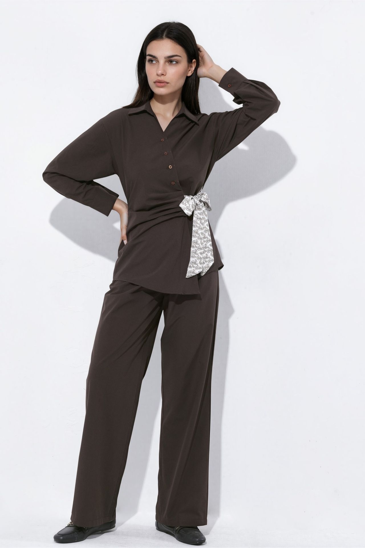 Wrap Collar Shirt and Pants Two-Piece Set 2
