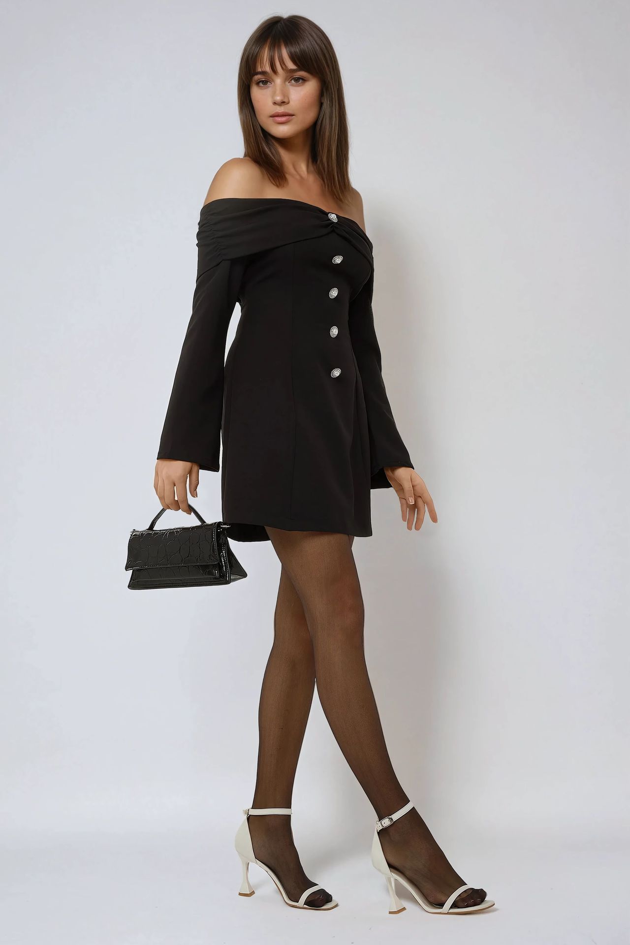 Exclusive Tailored Off Shoulder Mini Dress with Button Detail