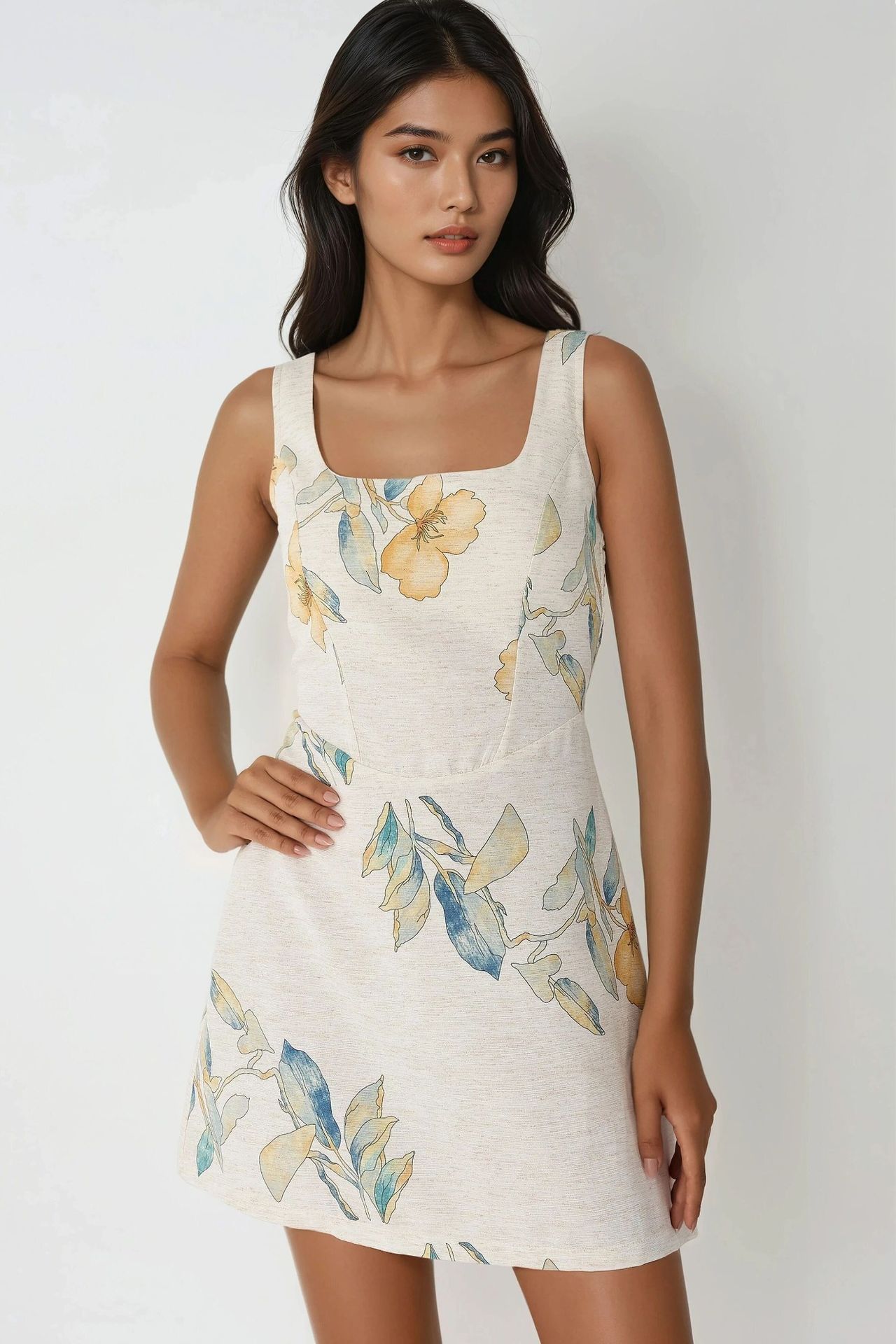 Square Neck Flower Pattern Linen Feel Mini Dress