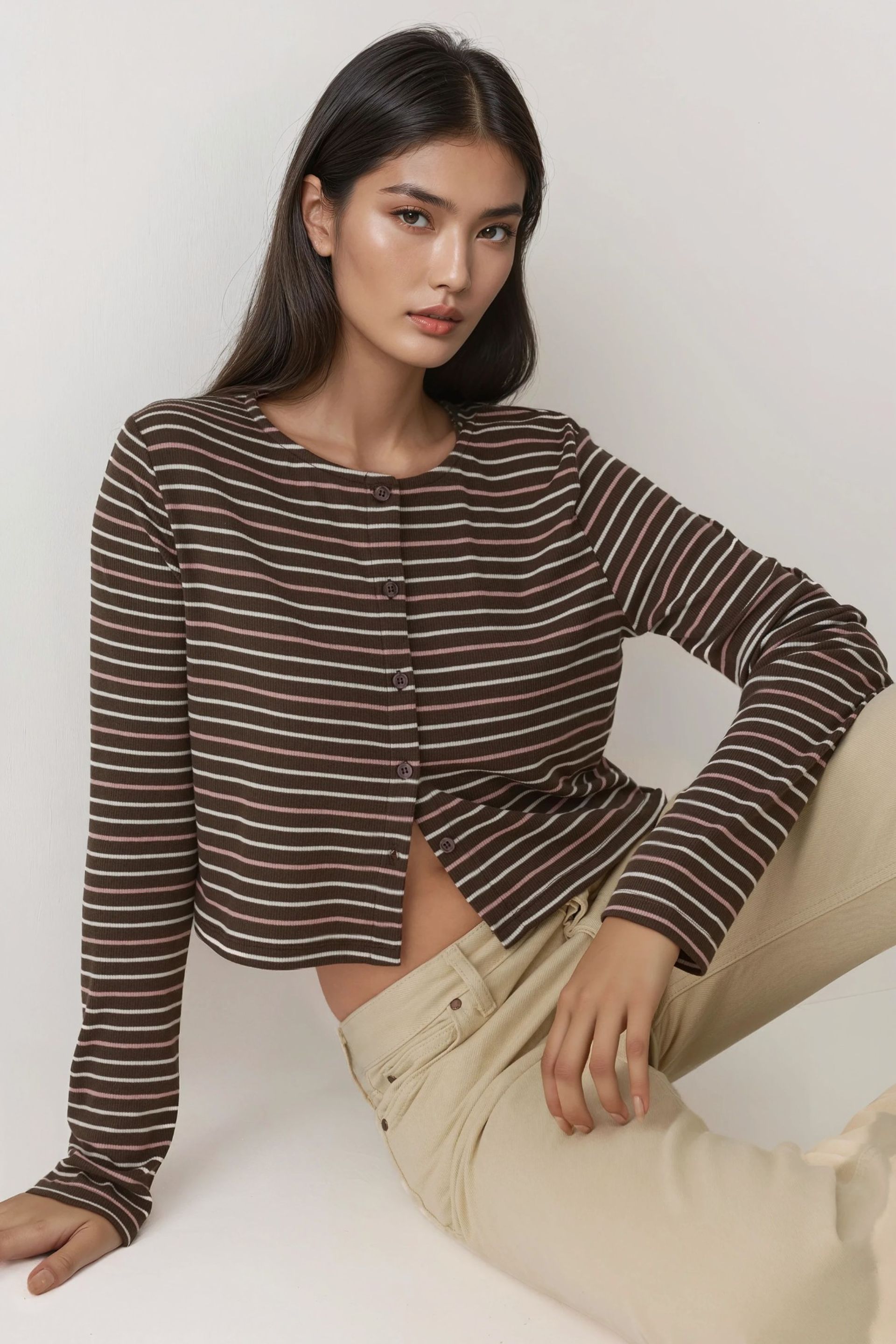 Multicolor Crew Neck Basic Viscone Blended Buttoned Top Women