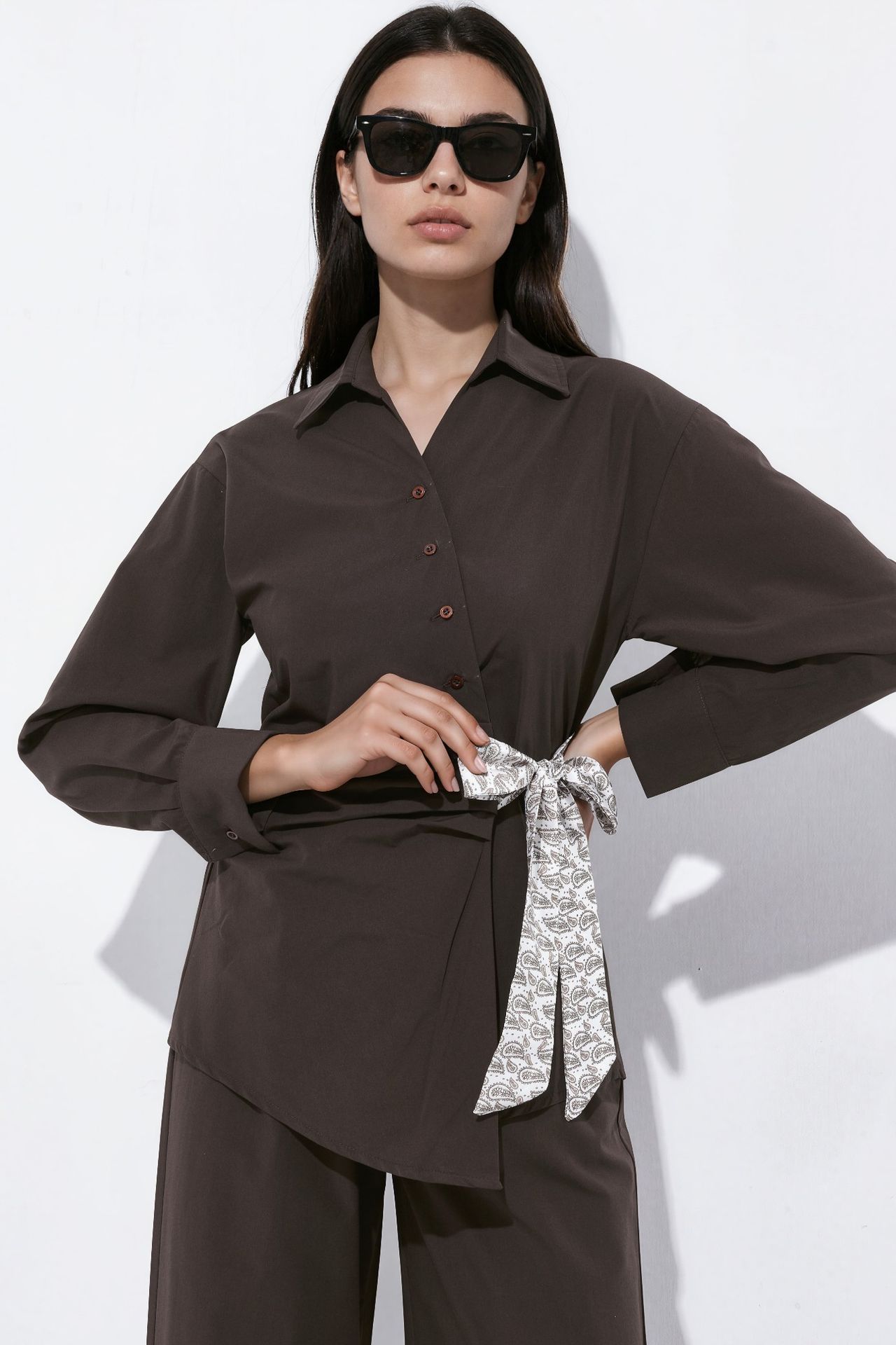 Wrap Collar Shirt and Pants Two-Piece Set 4