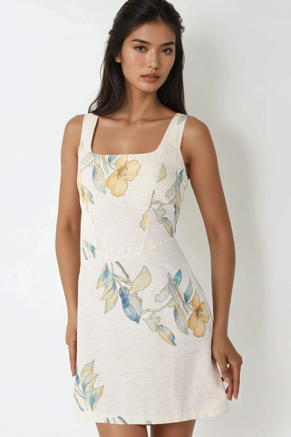 Square Neck Flower Pattern Linen Feel Mini Dress