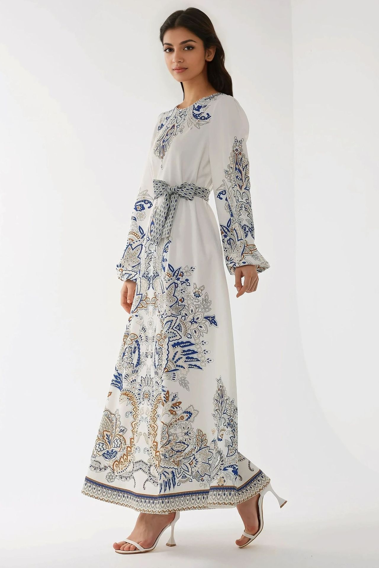 Printed Long Sleeve Viscose Maxi Dress 