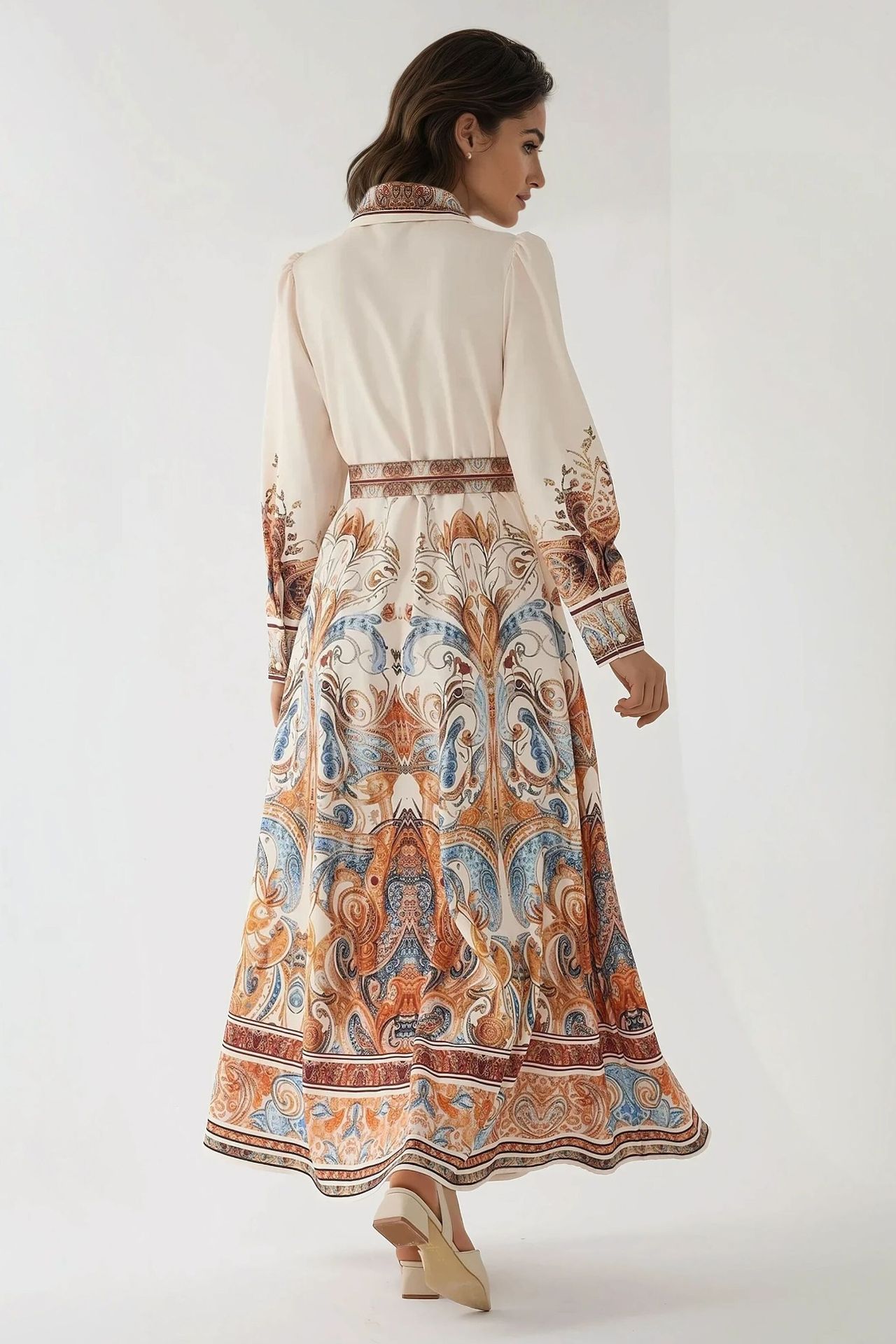 Printed Long Sleeve Maxi Dress with Belt