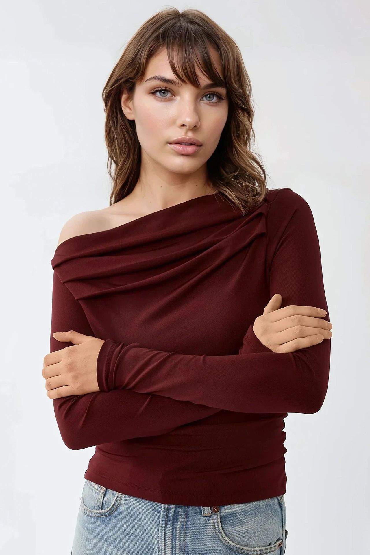 Textured Asymmetrical Collar Drapped Top