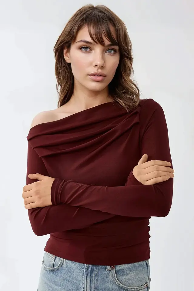 Textured Asymmetrical Collar Drapped Top