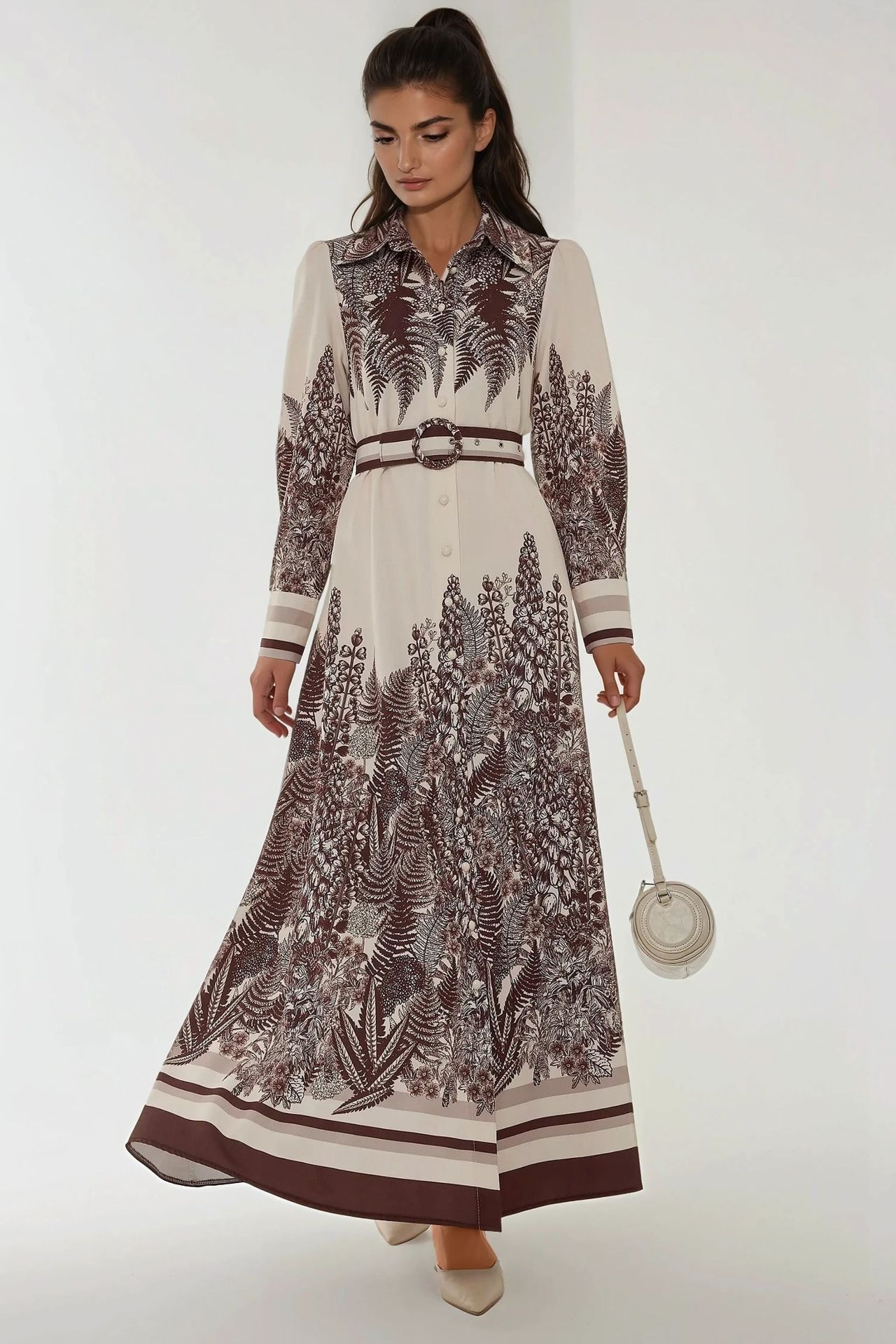 Printed Long Sleeve Maxi Dress with Belt