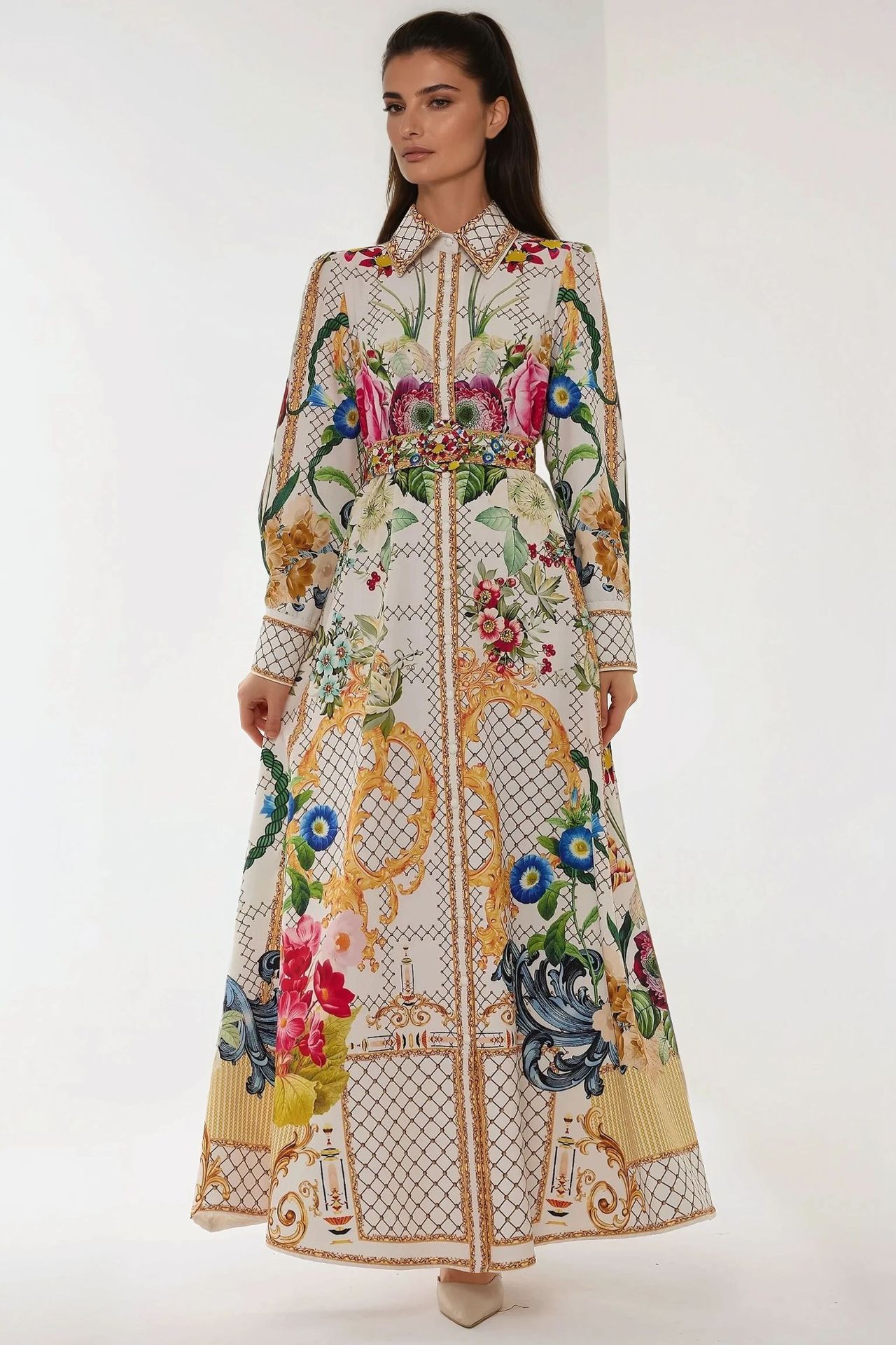 Printed Long Sleeve Maxi Dress with Belt
