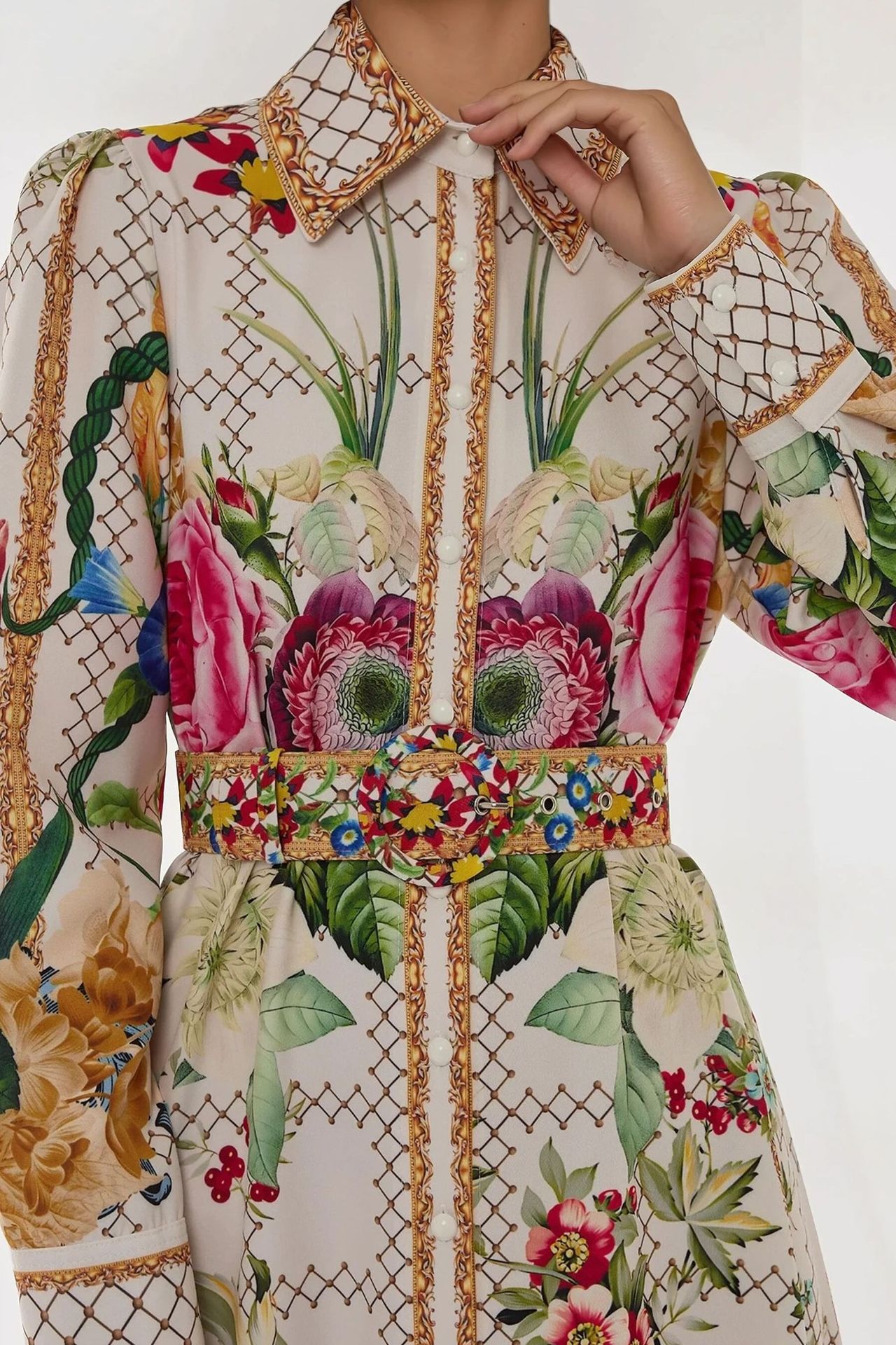 Printed Long Sleeve Maxi Dress with Belt