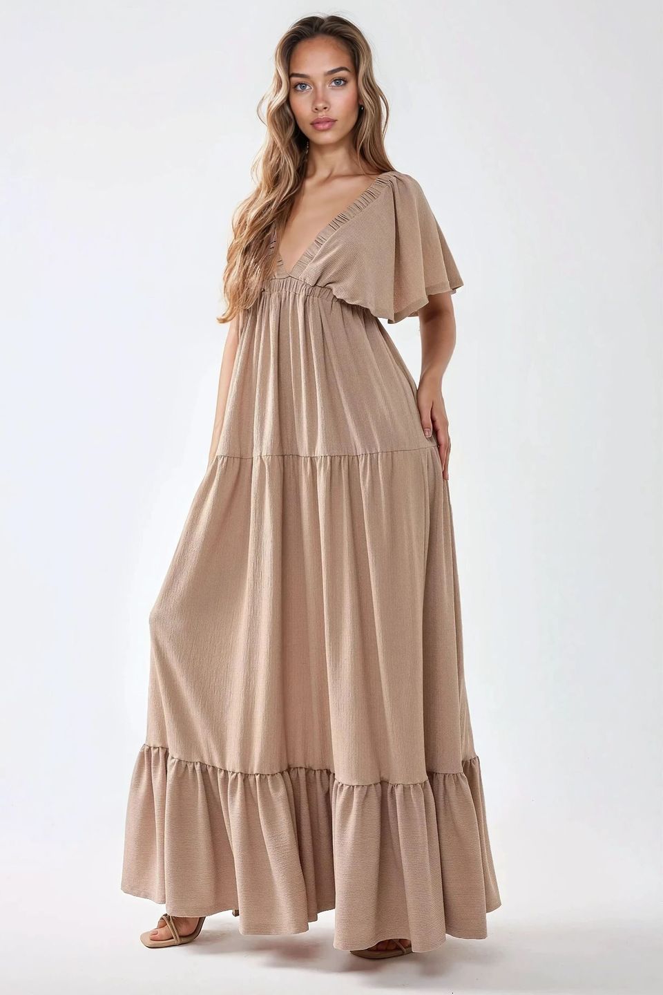 Textured V-Neck A-Form Maxi Dress