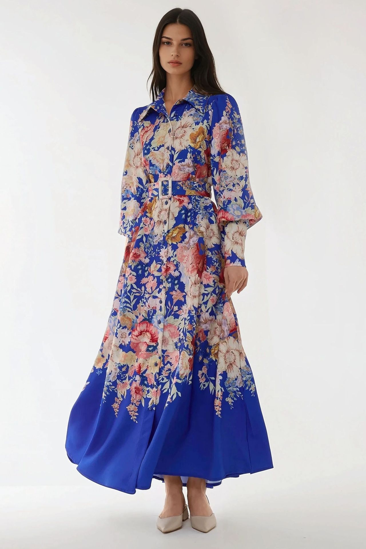 Printed Long Sleeve Maxi Dress with Belt