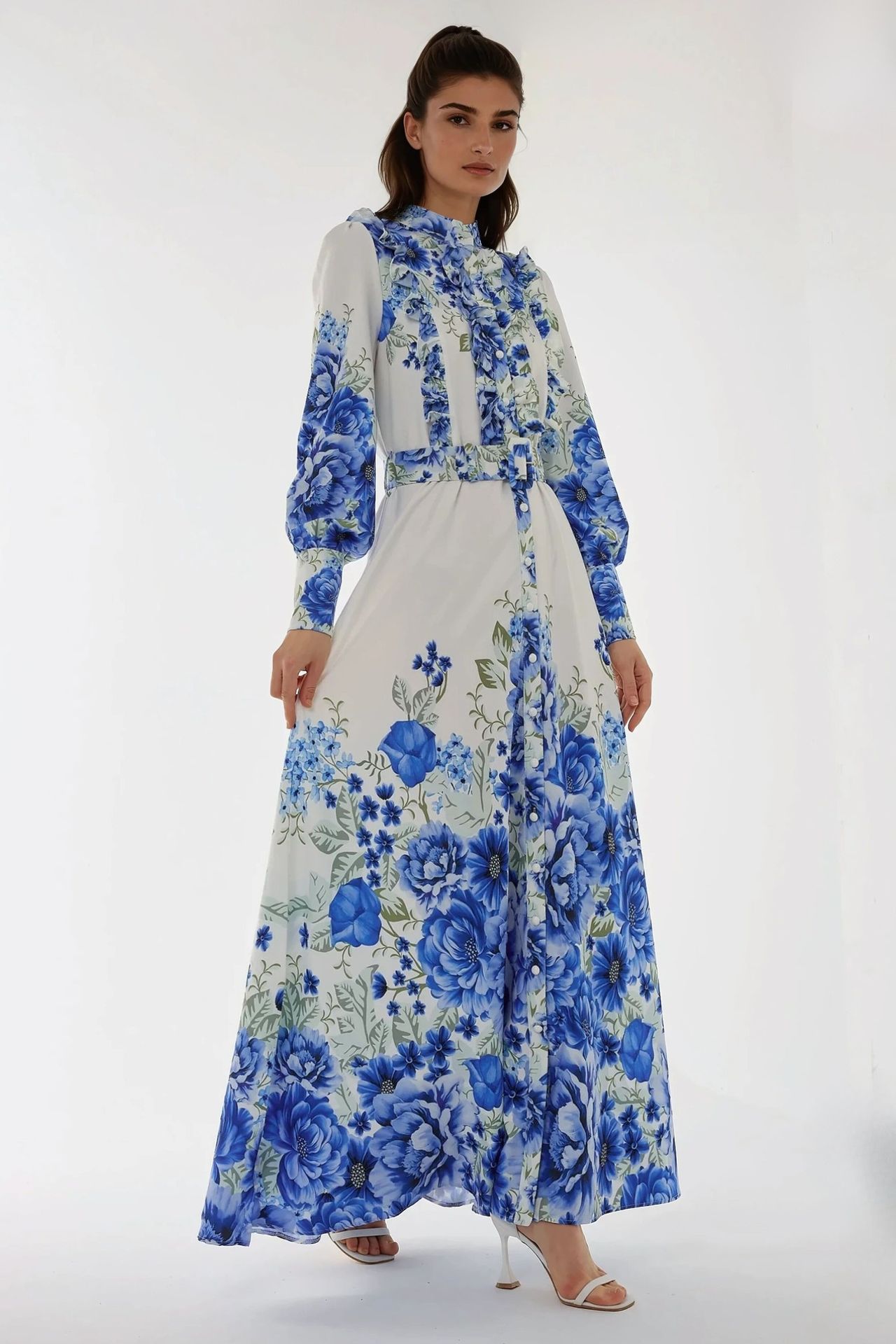 Printed Long Sleeve Maxi Dress with Belt