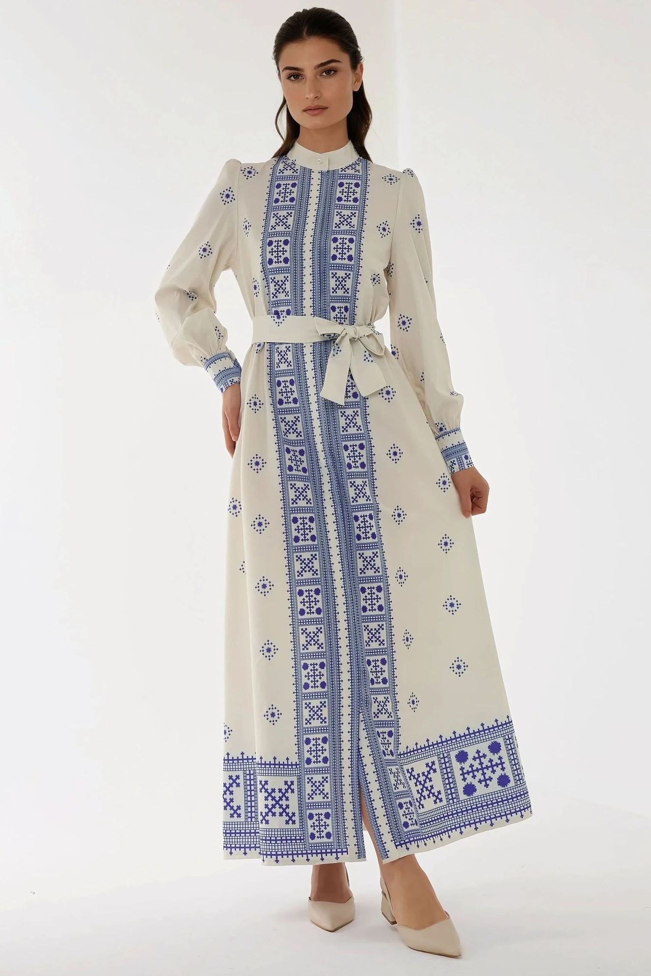 Printed Long Sleeve Maxi Dress with Belt
