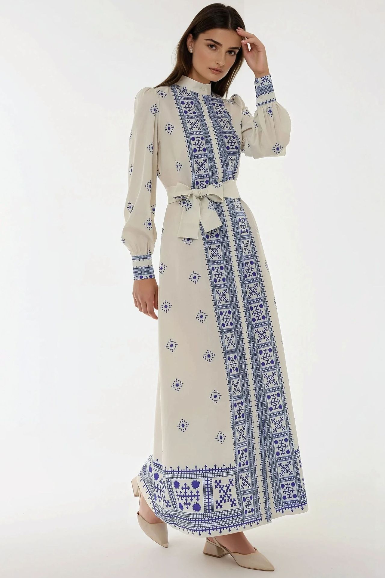 Printed Long Sleeve Maxi Dress with Belt