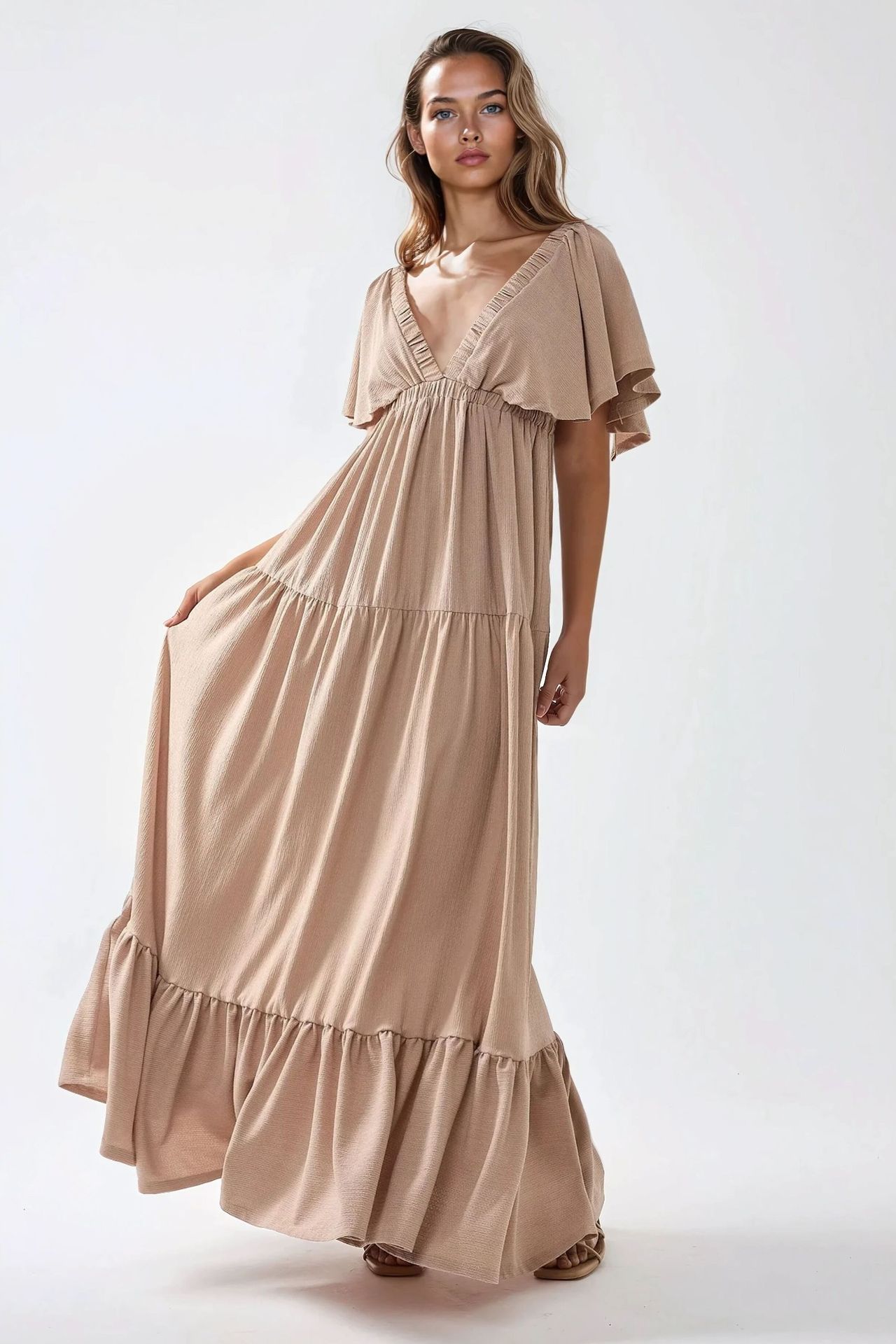 Textured V-Neck A-Form Maxi Dress