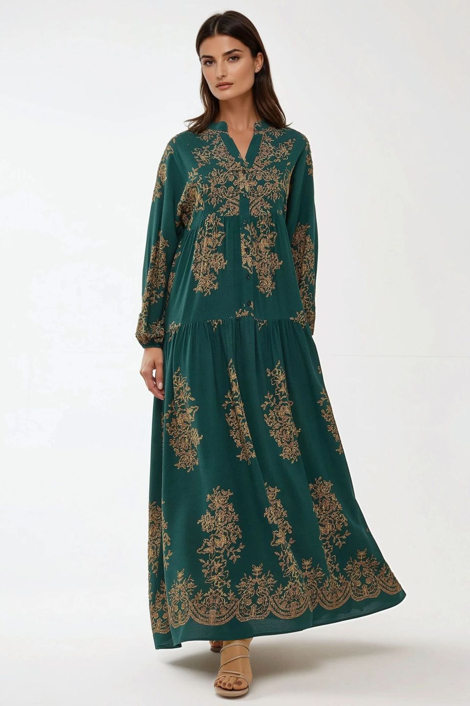 Printed Long Sleeve Viscose Maxi Dress 