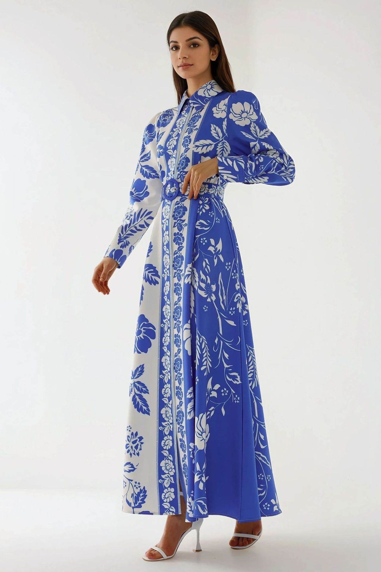 Printed Long Sleeve Maxi Dress with Belt