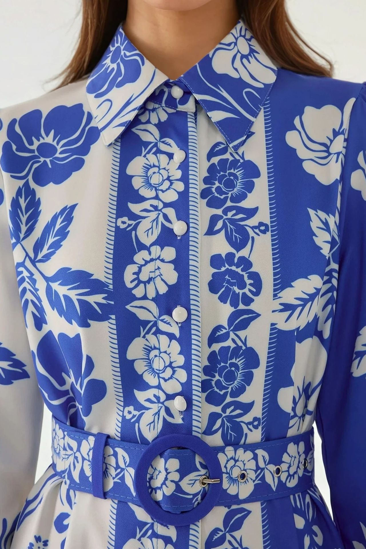 Printed Long Sleeve Maxi Dress with Belt