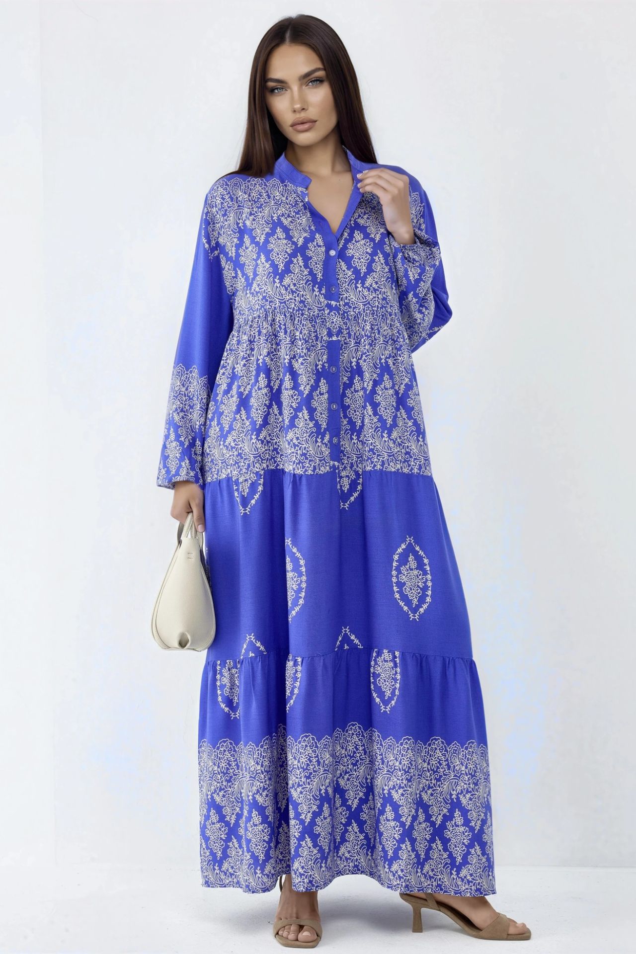 V-Neck Patterned Maxi Dress with Button Closure 6