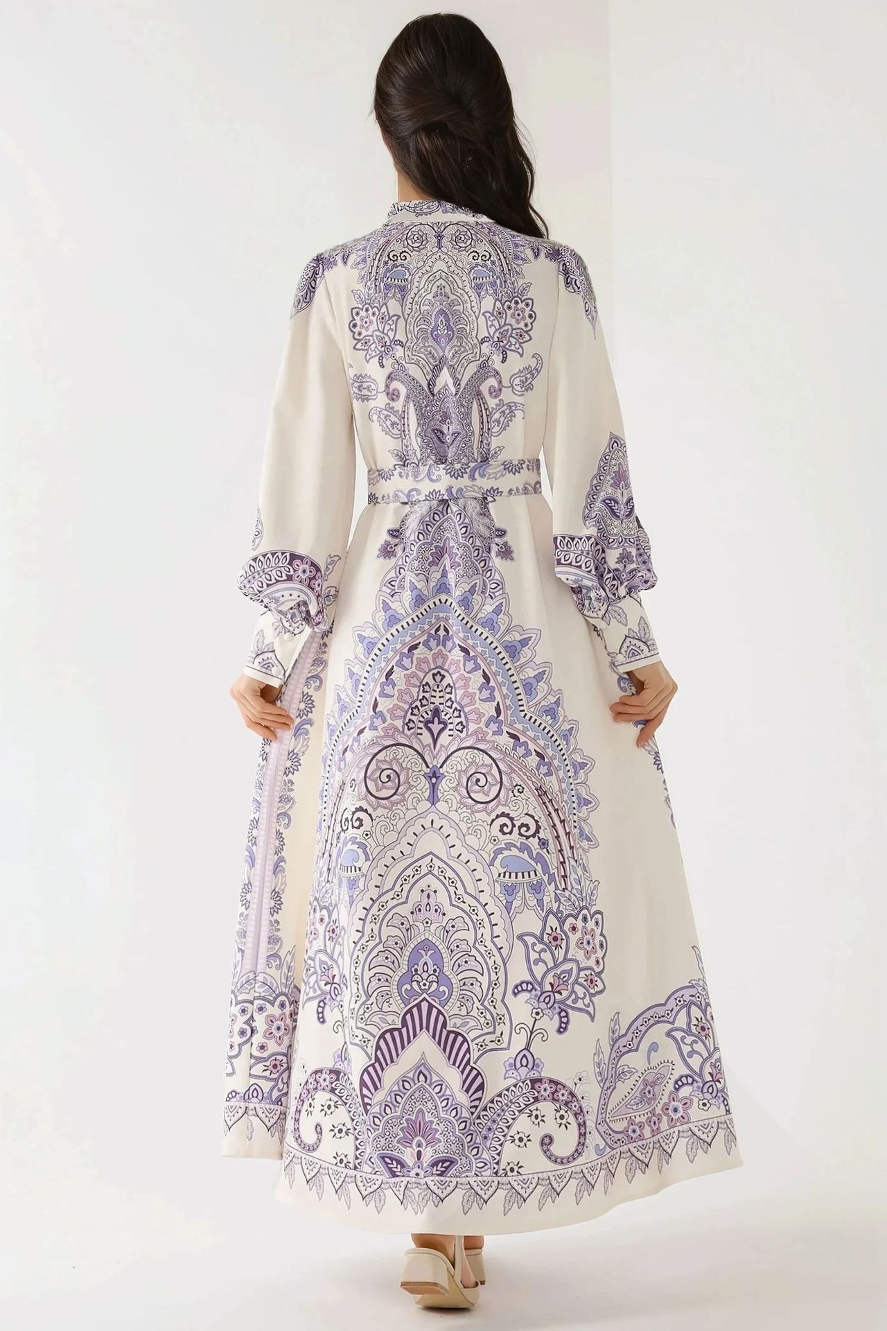 Printed Long Sleeve Maxi Dress with Belt