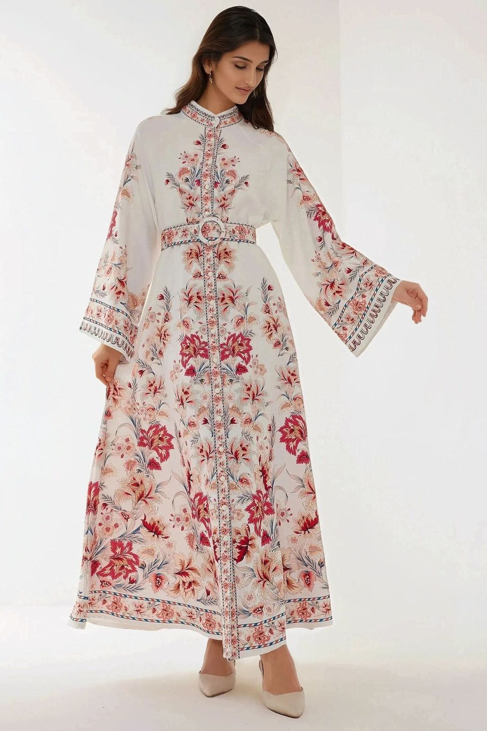 Printed Long Sleeve Maxi Dress with Belt