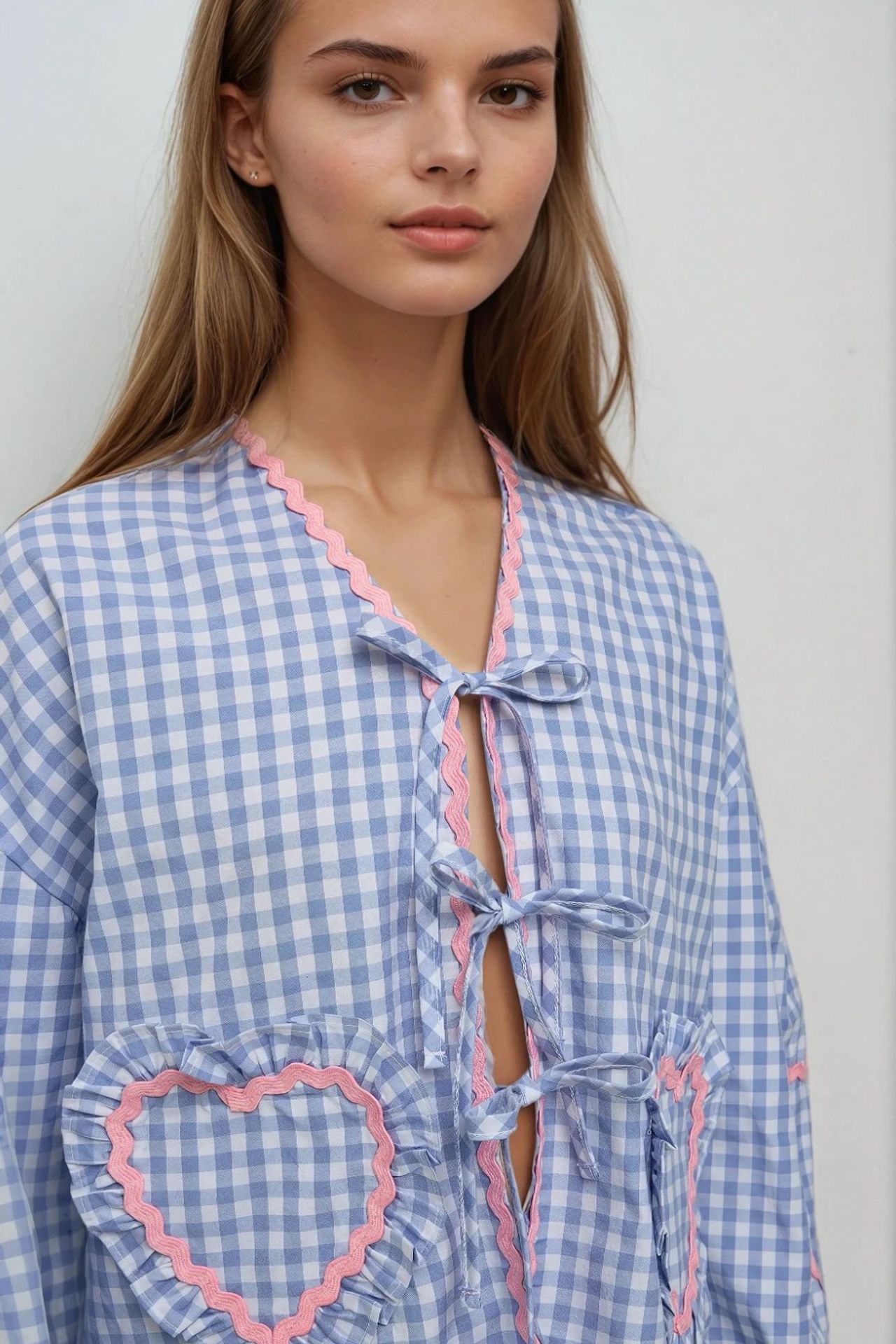 Long Sleeve Plaid Shirt Collar Top with Heart Detail