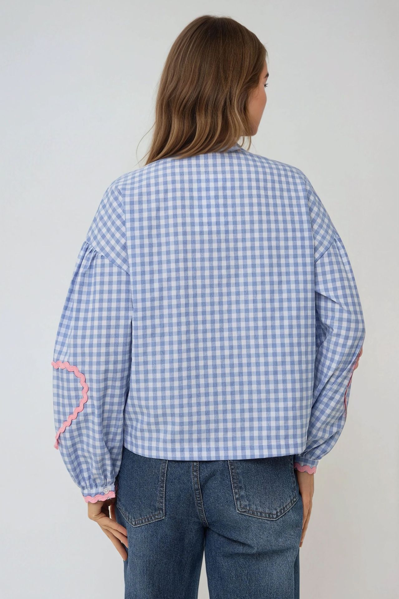 Long Sleeve Plaid Shirt Collar Top with Heart Detail