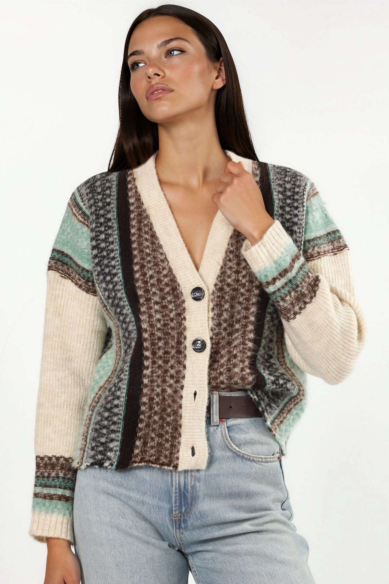Oversized Soft Touch Patterned V-Neck Knit Cardigan 1