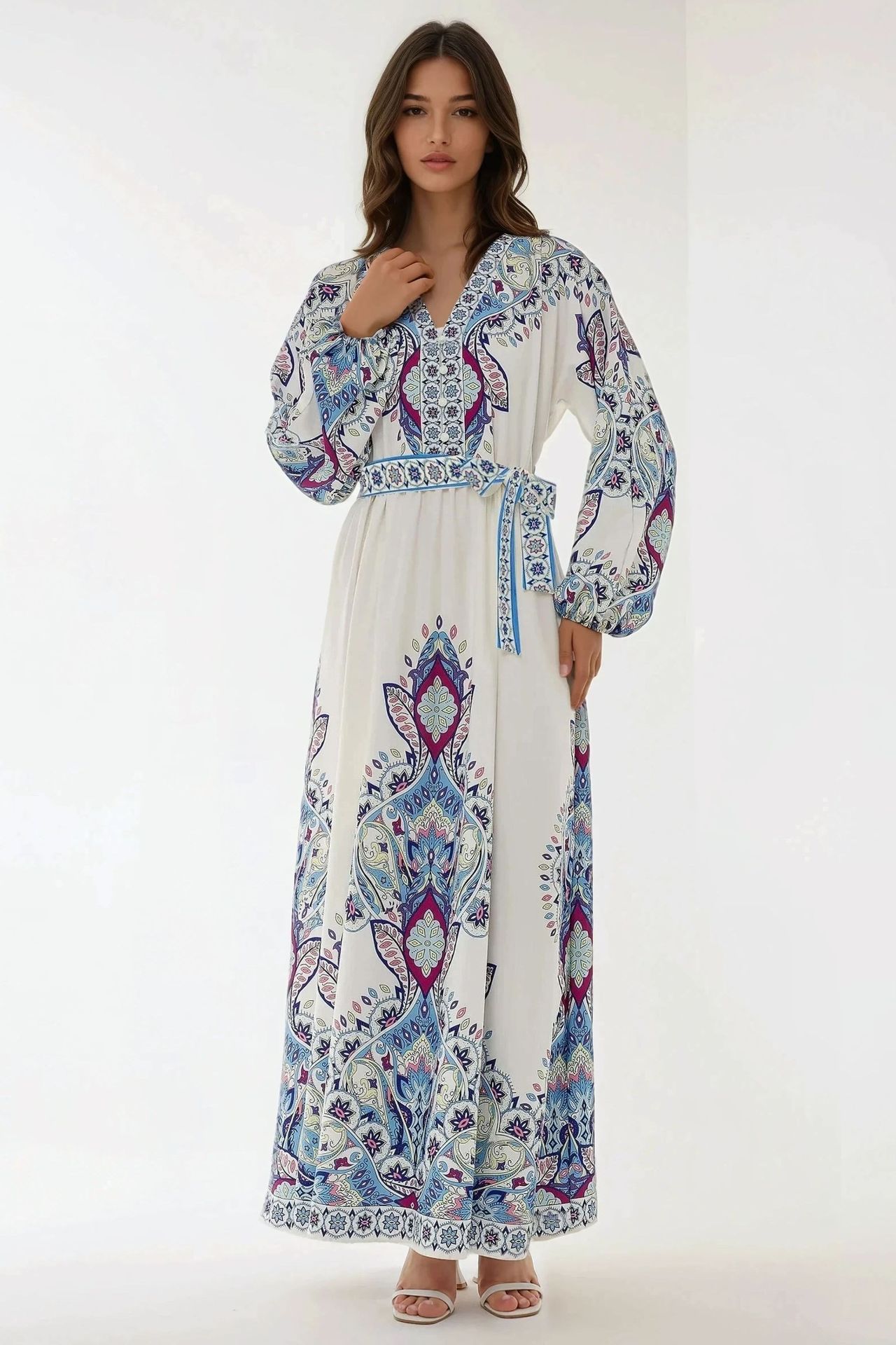 Printed V-Neck Maxi Dress with Belt
