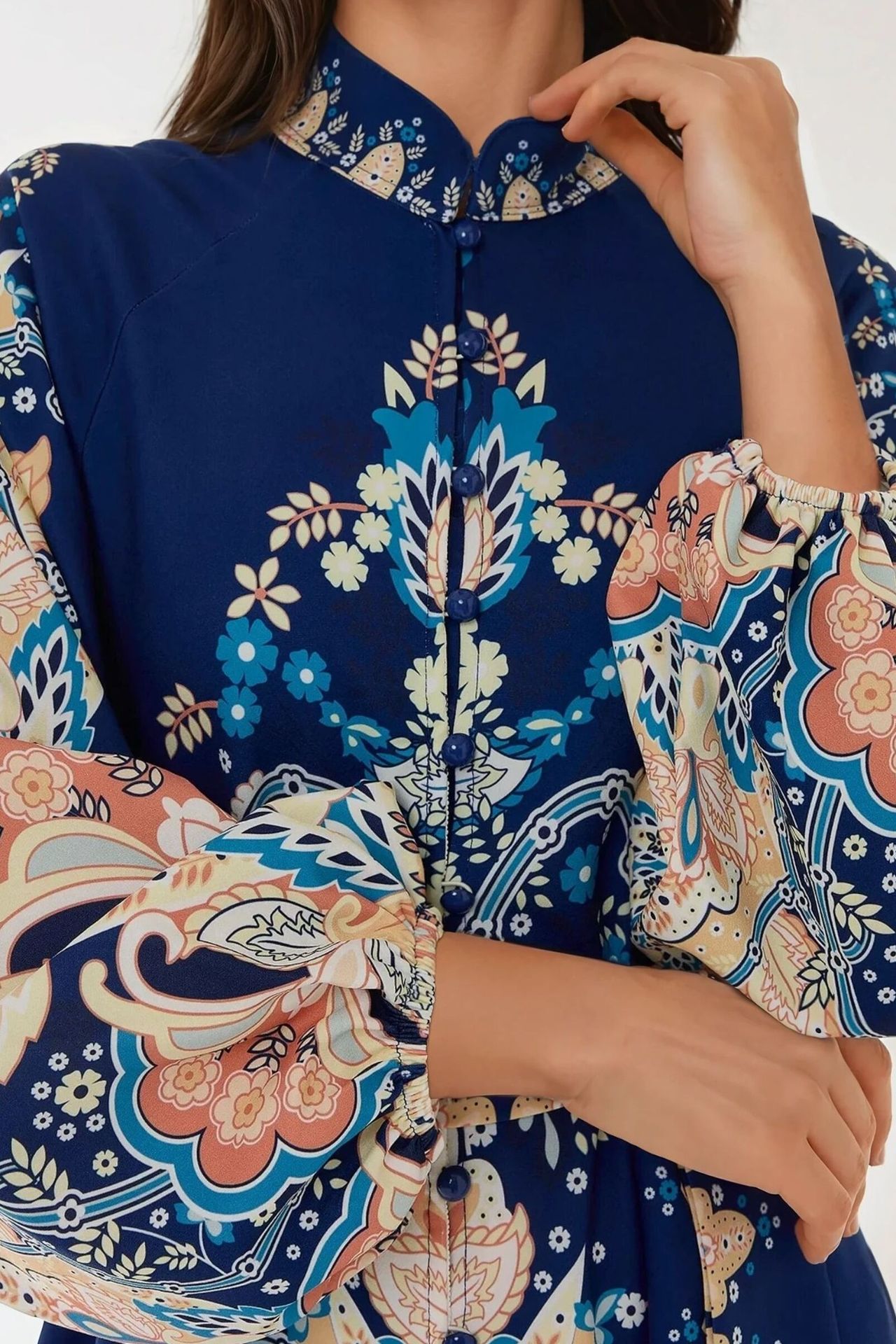 Printed Long Sleeve Maxi Dress with Belt