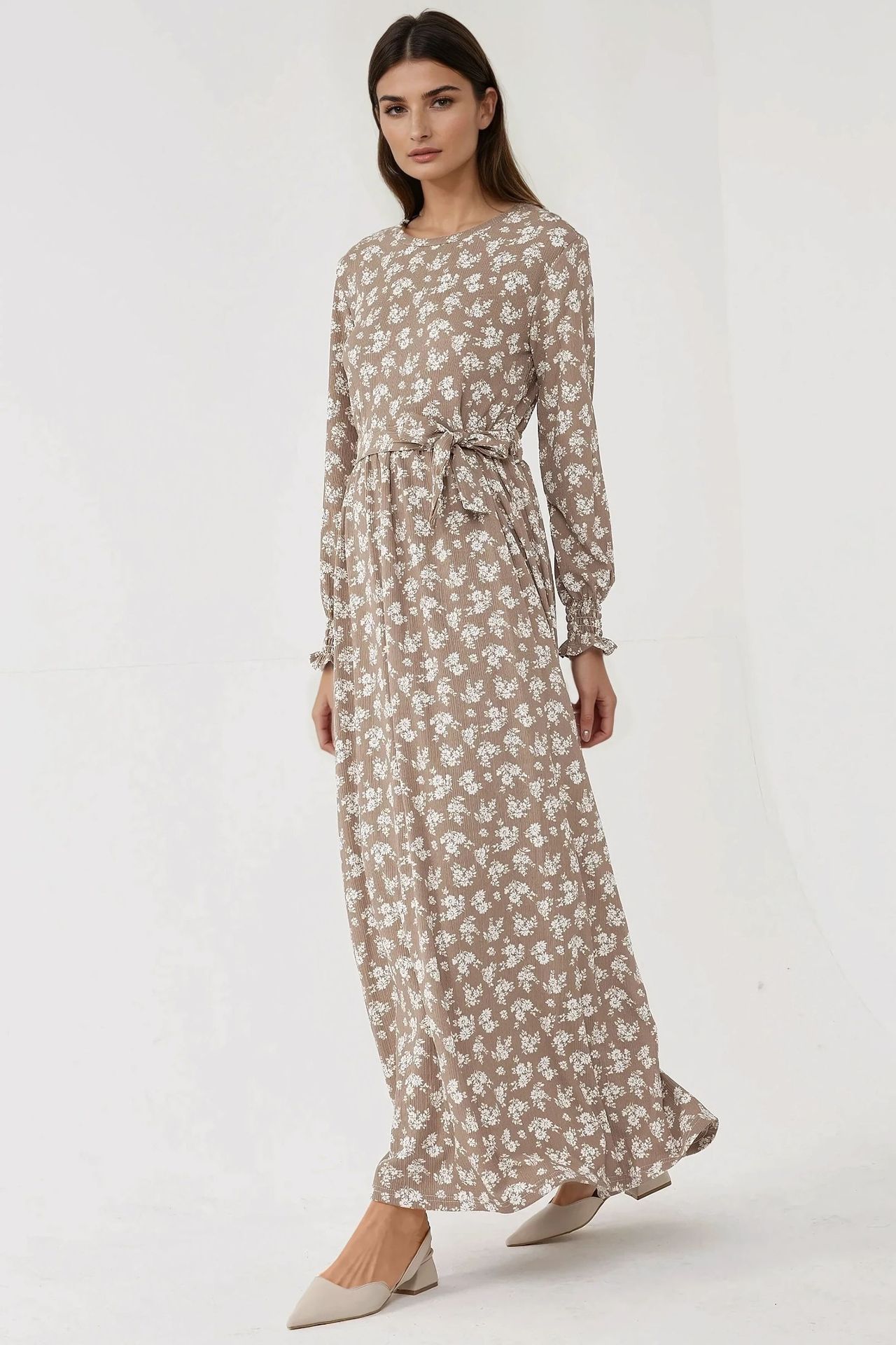 Floral Print Long Sleeve Maxi Dress with Belt