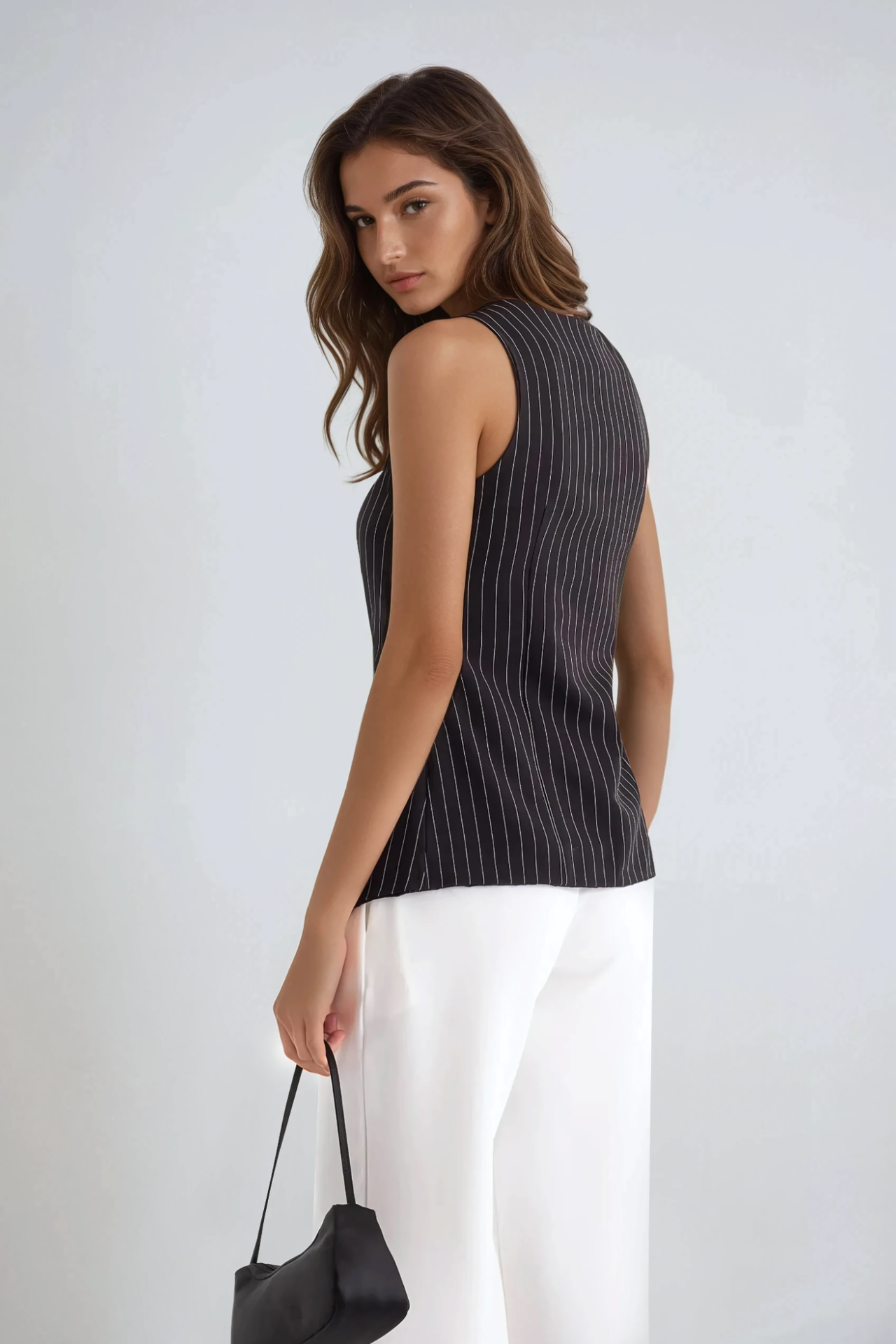 Striped Crew Neck Buttoned Vest